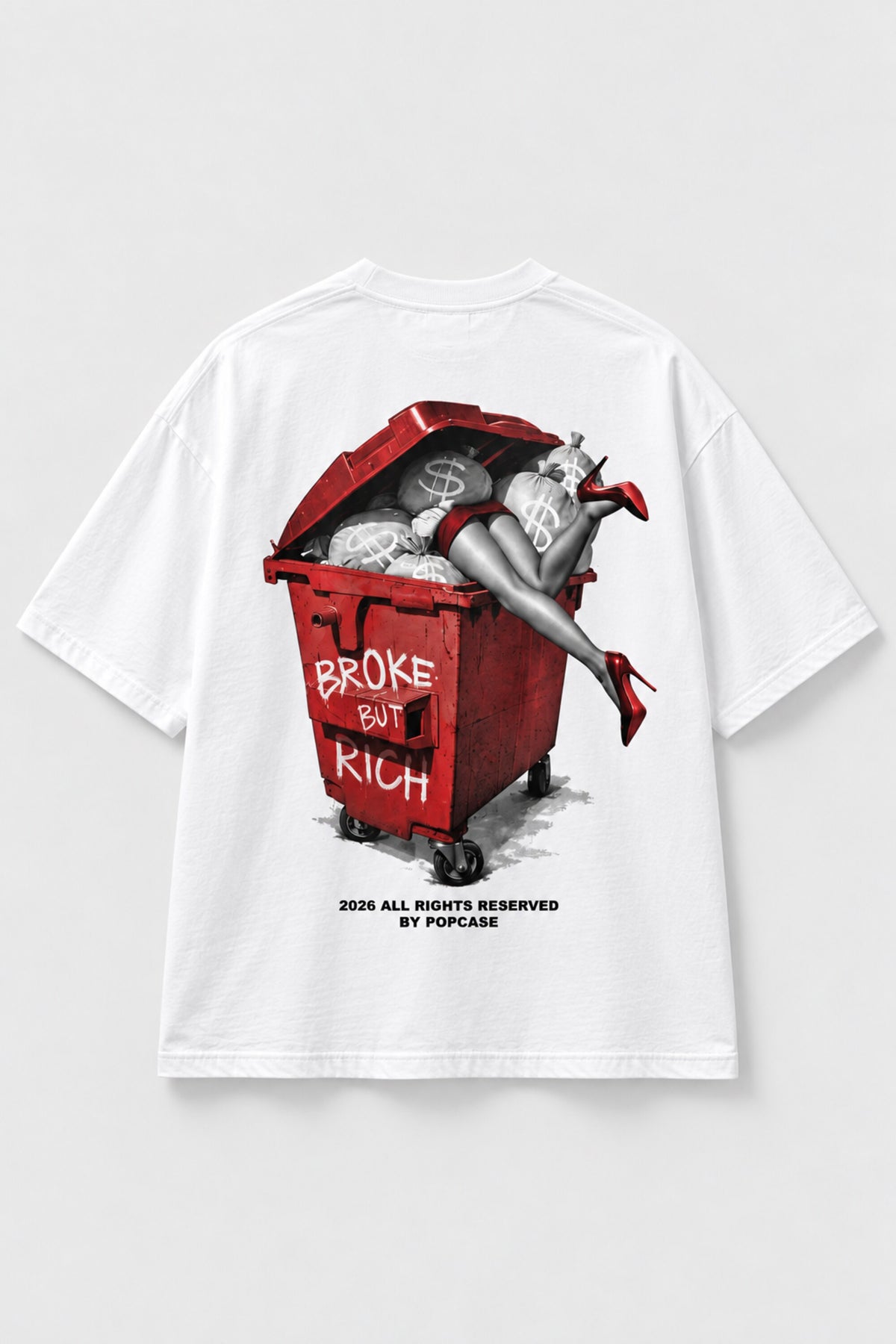 White oversized tshirt with Broke But Rich glamorous girl red dumpster graphic on back, drop shoulder boxy fit, men India