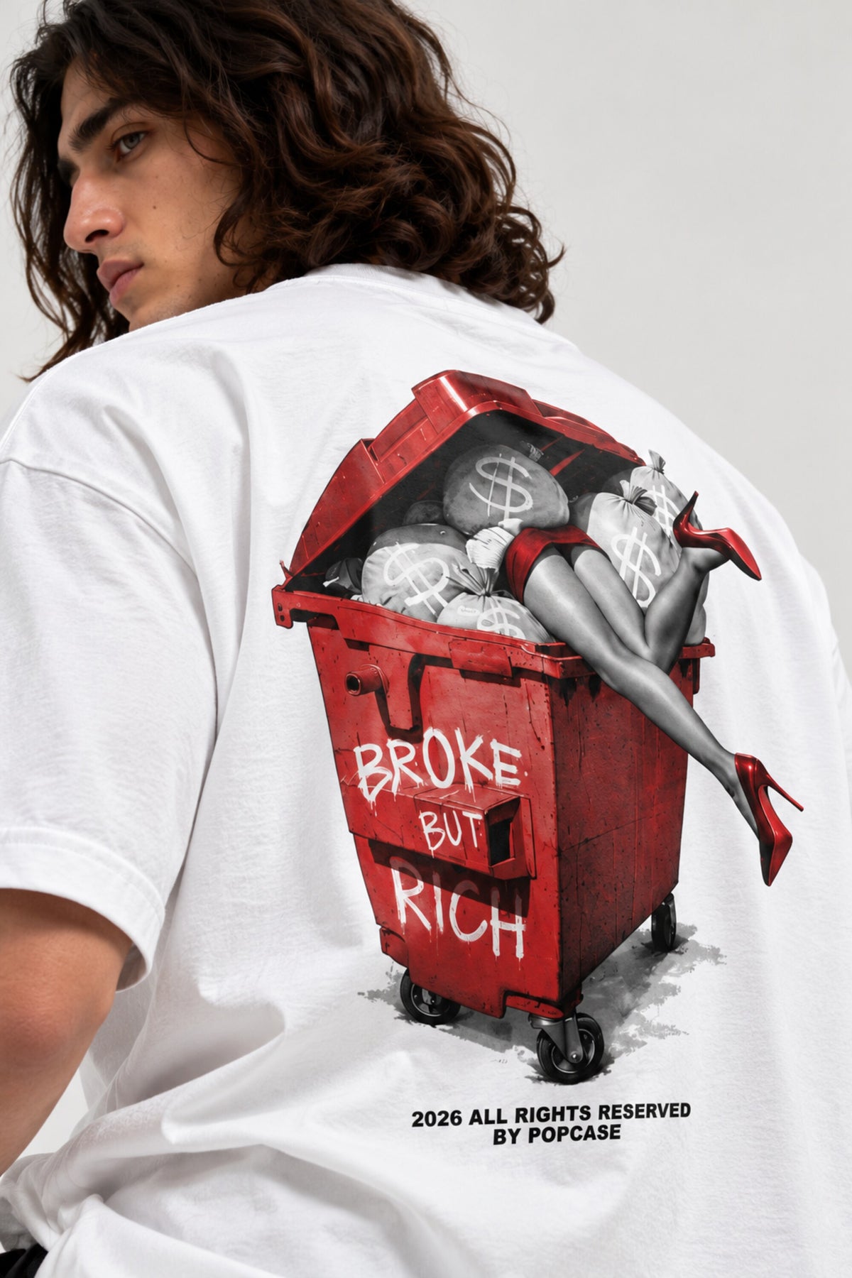 White oversized tshirt with Broke But Rich glamorous girl red dumpster graphic on back, drop shoulder boxy fit, men India