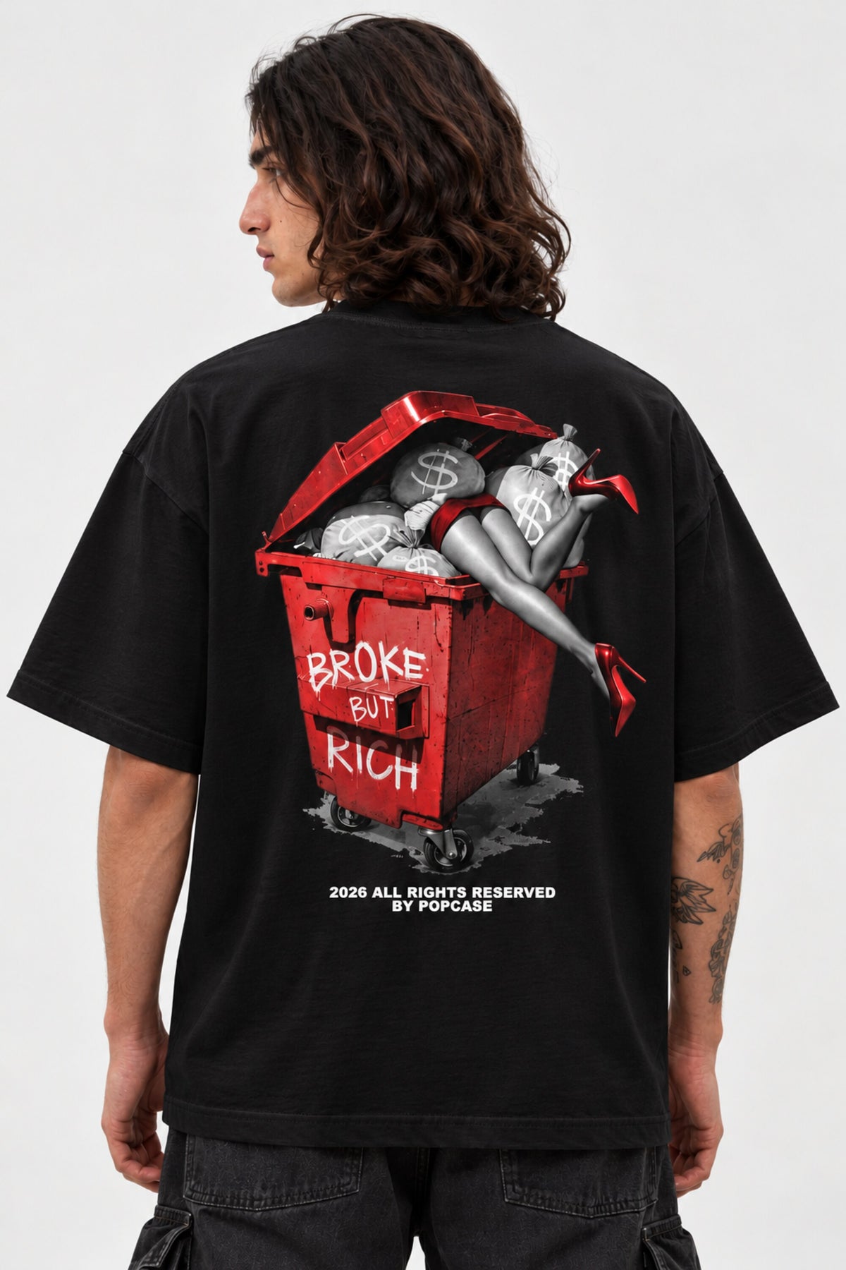White oversized tshirt with Broke But Rich glamorous girl red dumpster graphic on back, drop shoulder boxy fit, men India - black