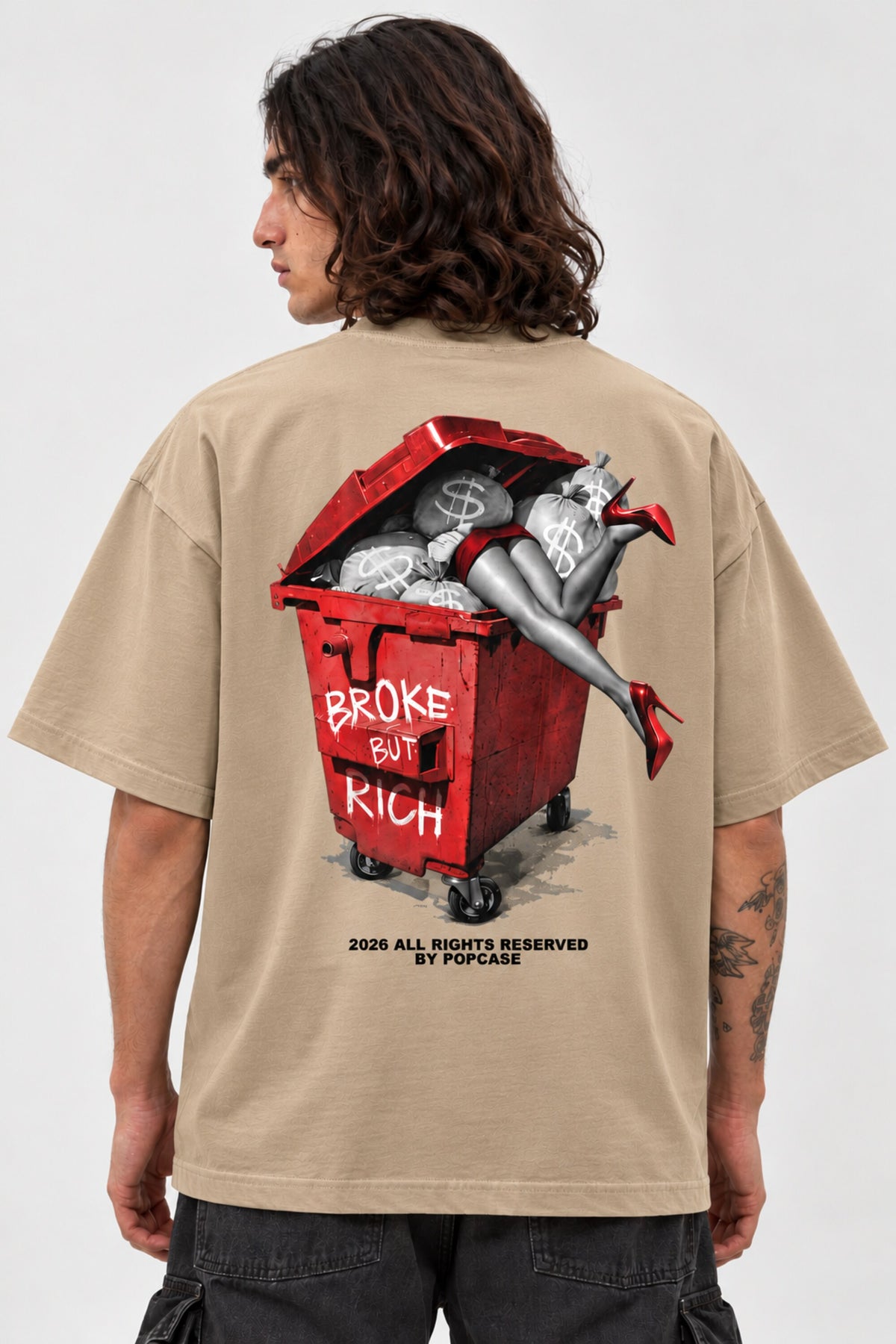 White oversized tshirt with Broke But Rich glamorous girl red dumpster graphic on back, drop shoulder boxy fit, men India - beige
