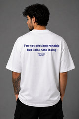 White POPCASE oversized tshirt with i'm not cristiano ronaldo but i also hate losing quote in navy on back, POPCASE Since 2022 tagline