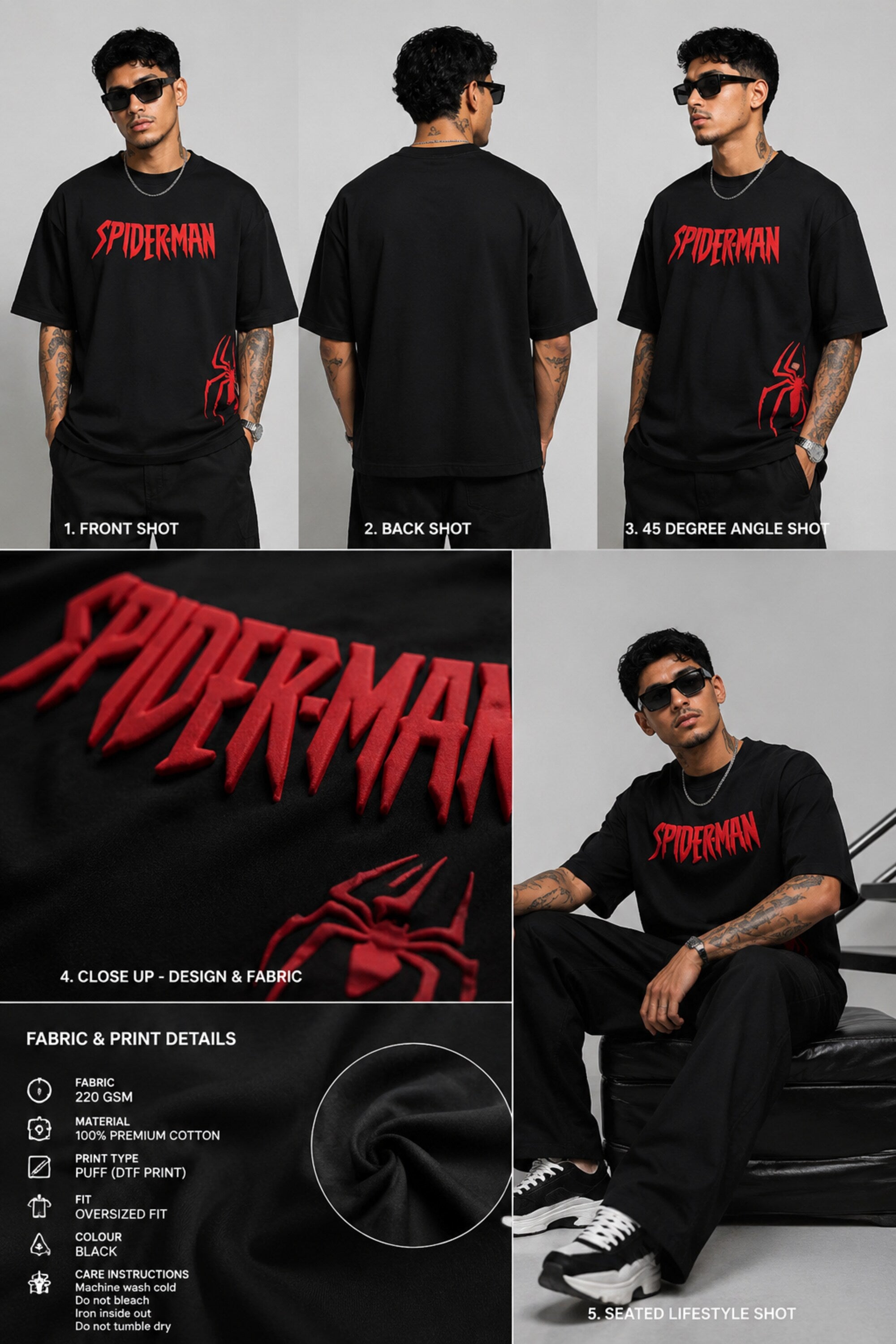 Man wearing a black oversized t-shirt with a red 'SPIDERMAN' puff print graphic and a red spider logo on the side. Model is wearing sunglasses and cargo pants.
