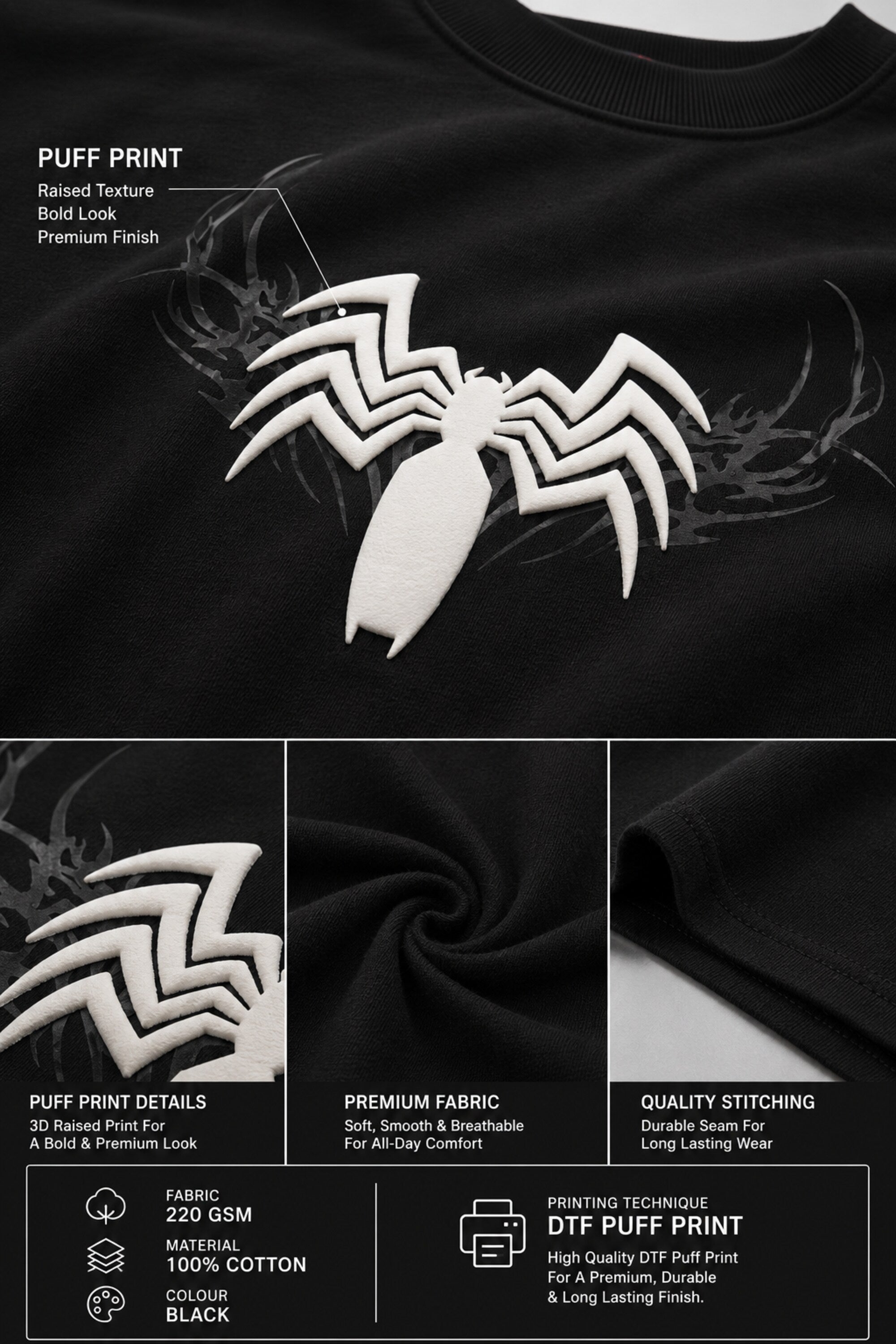 Black t-shirt with white spider logo and puff print details on a black background