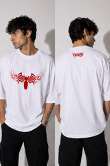 Person wearing a white t-shirt with red graphic design on front and 'Venom' text on back, standing against a plain background.