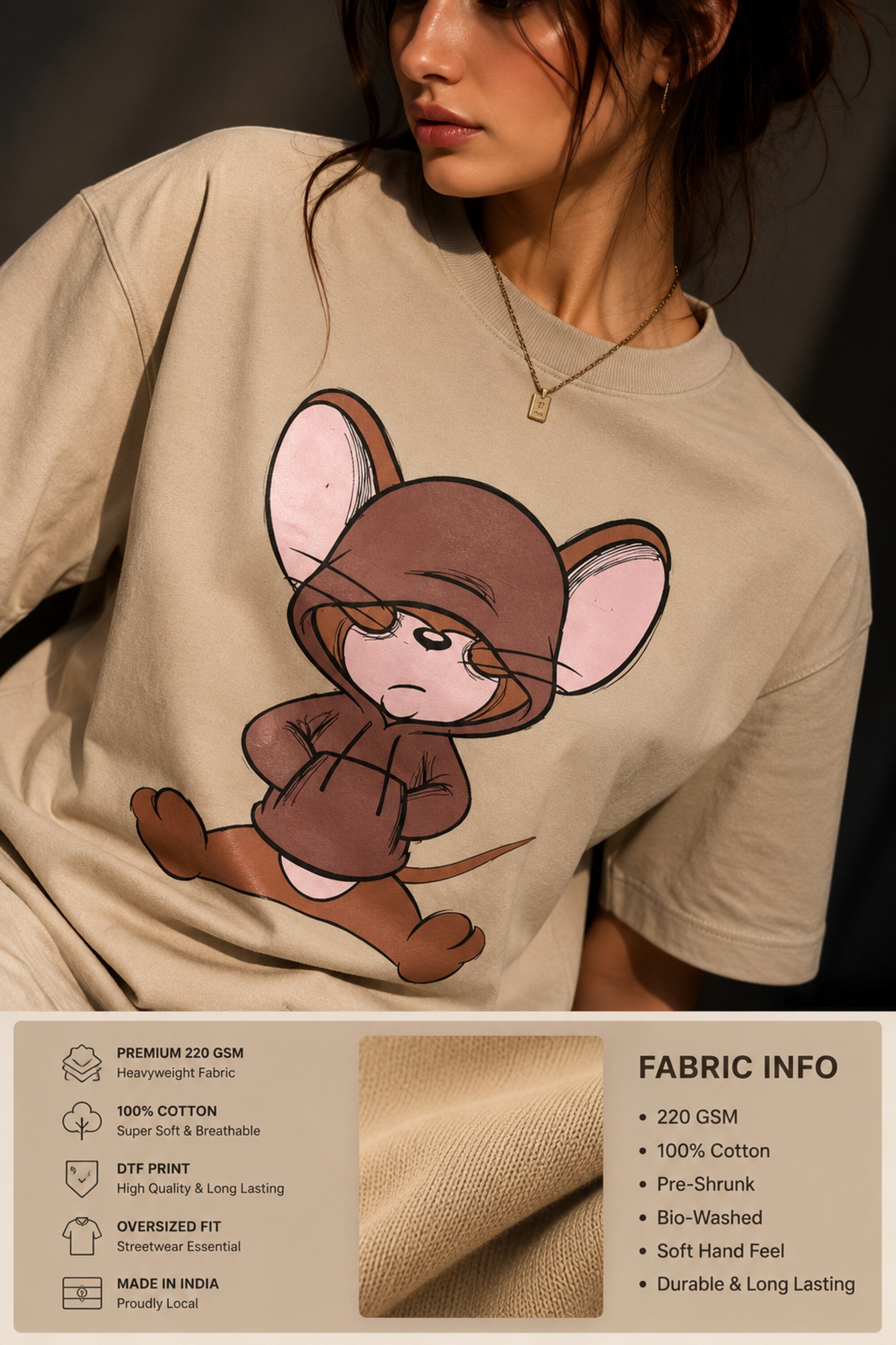 POPCASE Tom and Jerry white beige graphic oversized t shirt Jerry mouse cartoon DTF print streetwear tshirt pop culture