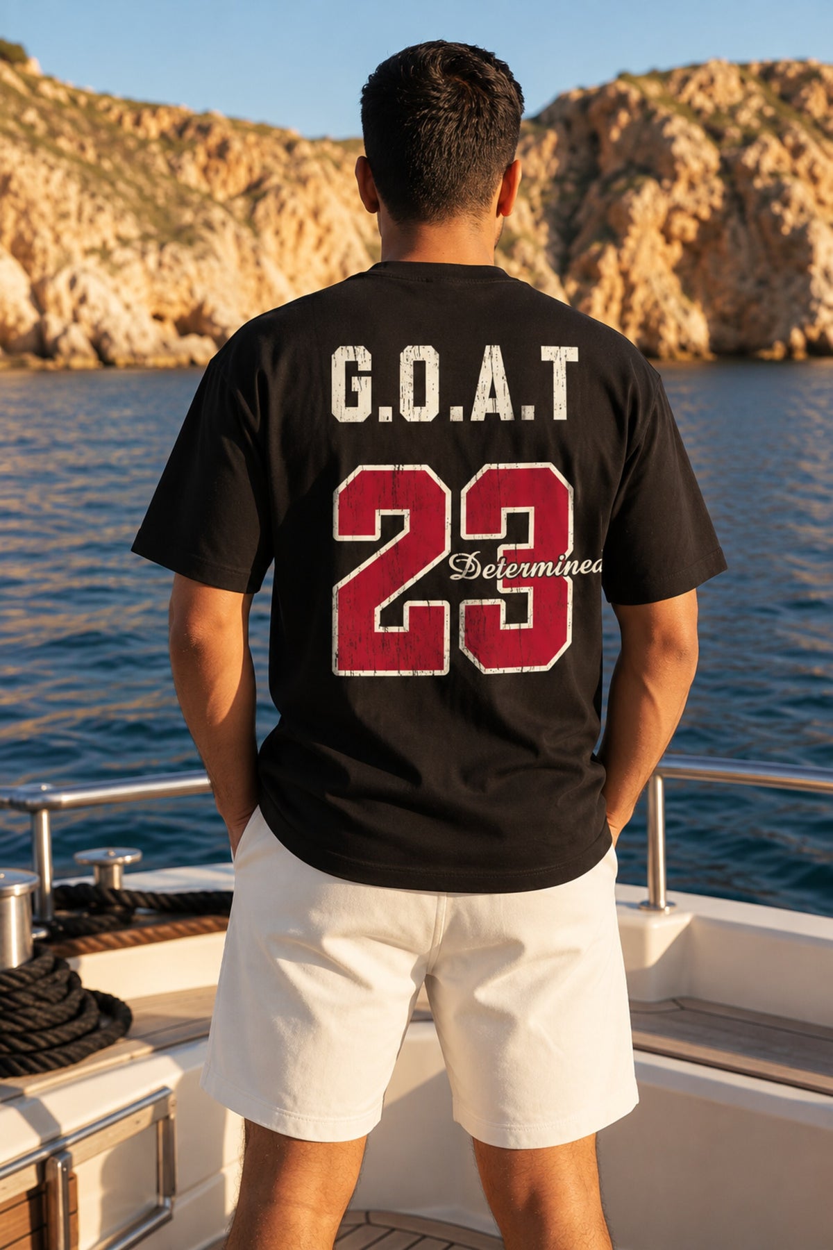 Black oversized tshirt with G.O.A.T 23 red jersey number and Determinos cursive back print, drop shoulder boxy fit, men India