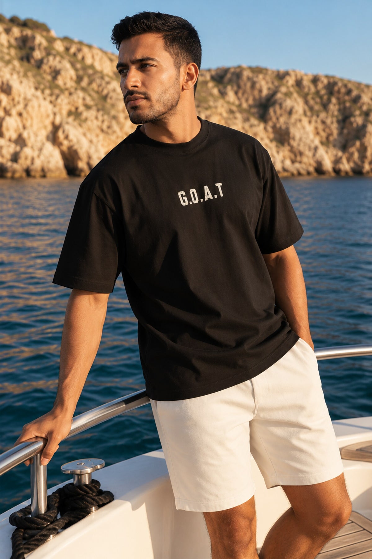 Black oversized tshirt with G.O.A.T 23 red jersey number and Determinos cursive back print, drop shoulder boxy fit, men India