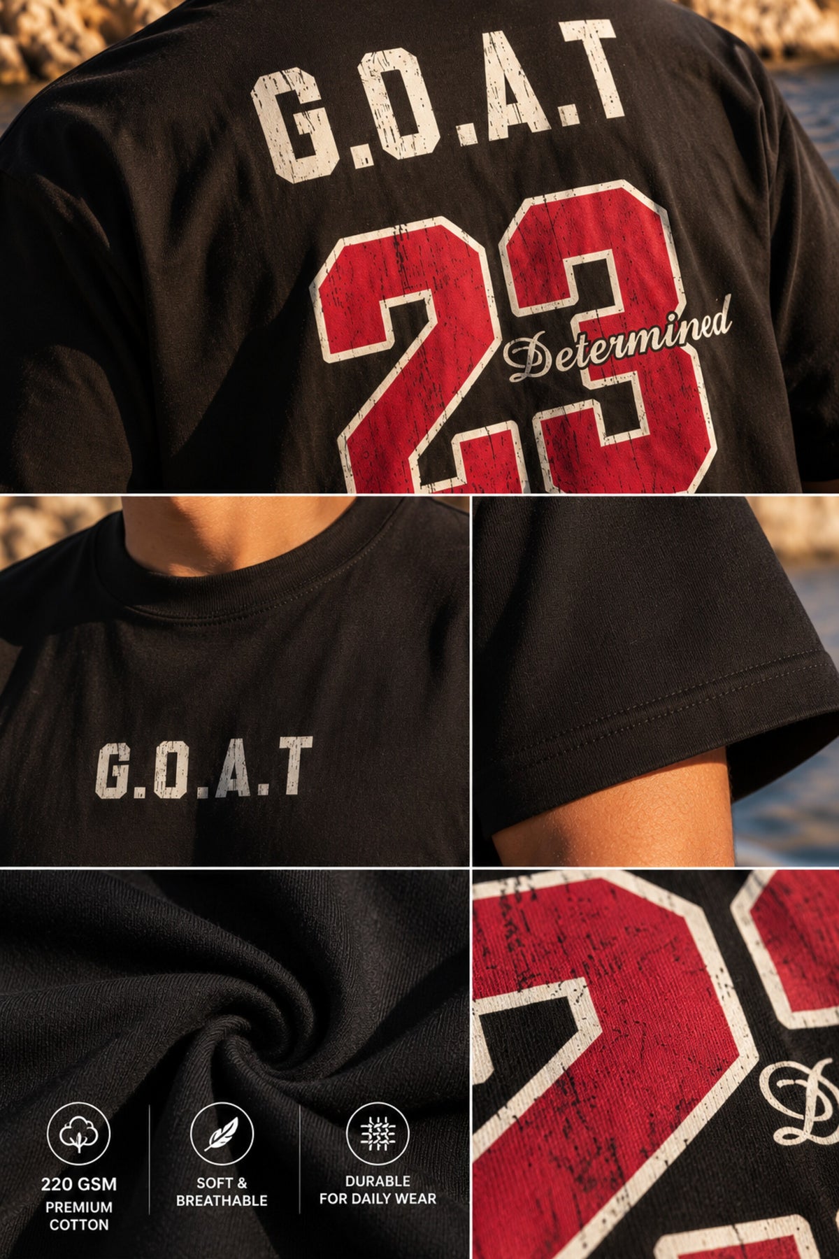 Black oversized tshirt with G.O.A.T 23 red jersey number and Determinos cursive back print, drop shoulder boxy fit, men India