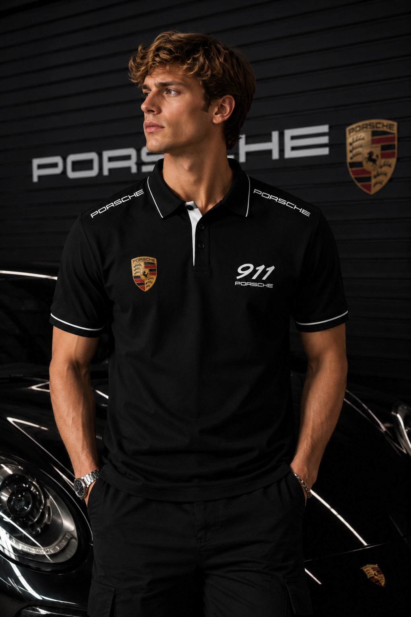 Black Porsche 911 polo t-shirt with Porsche crest badge, 911 text and PORSCHE shoulder panel branding, motorsport India - black