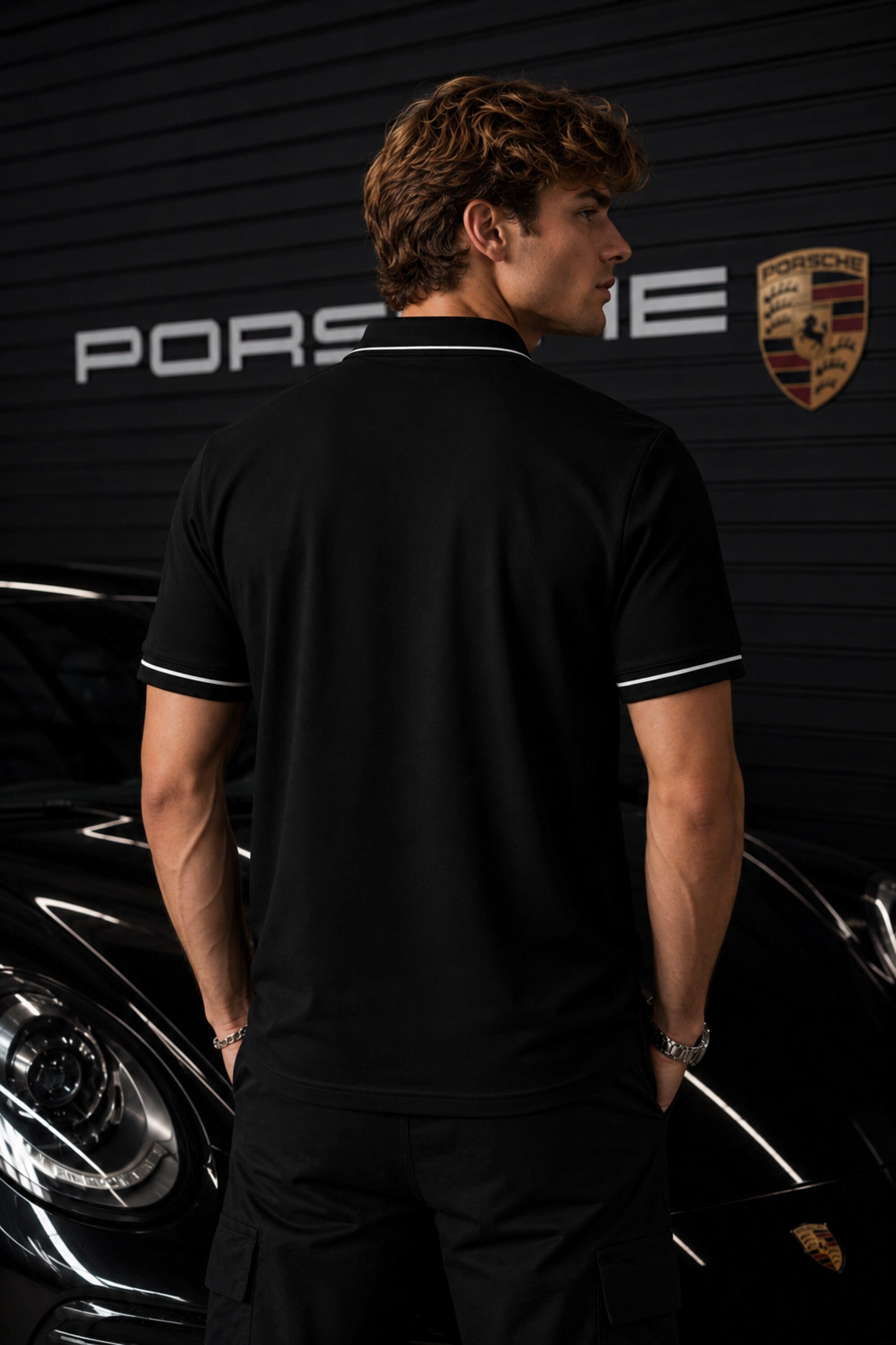 Black Porsche 911 polo t-shirt with Porsche crest badge, 911 text and PORSCHE shoulder panel branding, motorsport India