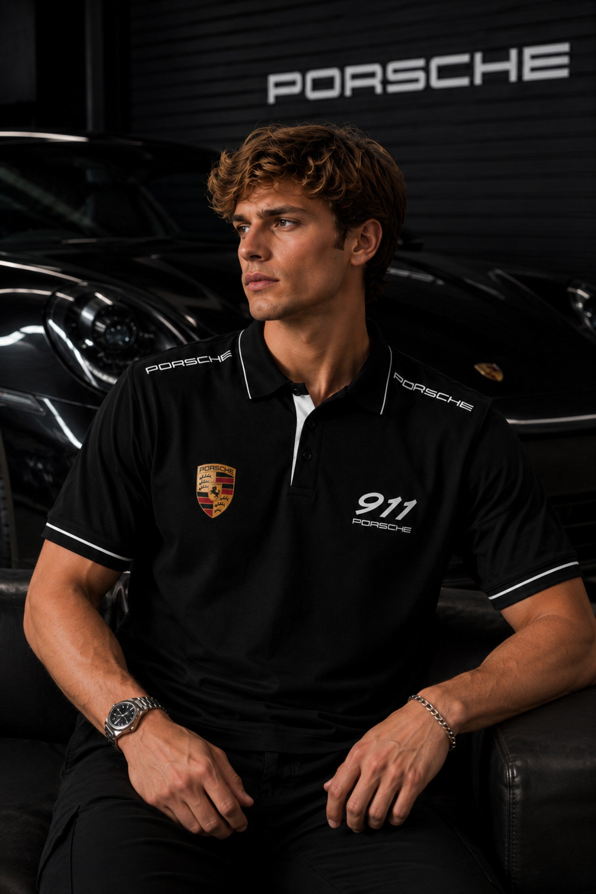 Black Porsche 911 polo t-shirt with Porsche crest badge, 911 text and PORSCHE shoulder panel branding, motorsport India
