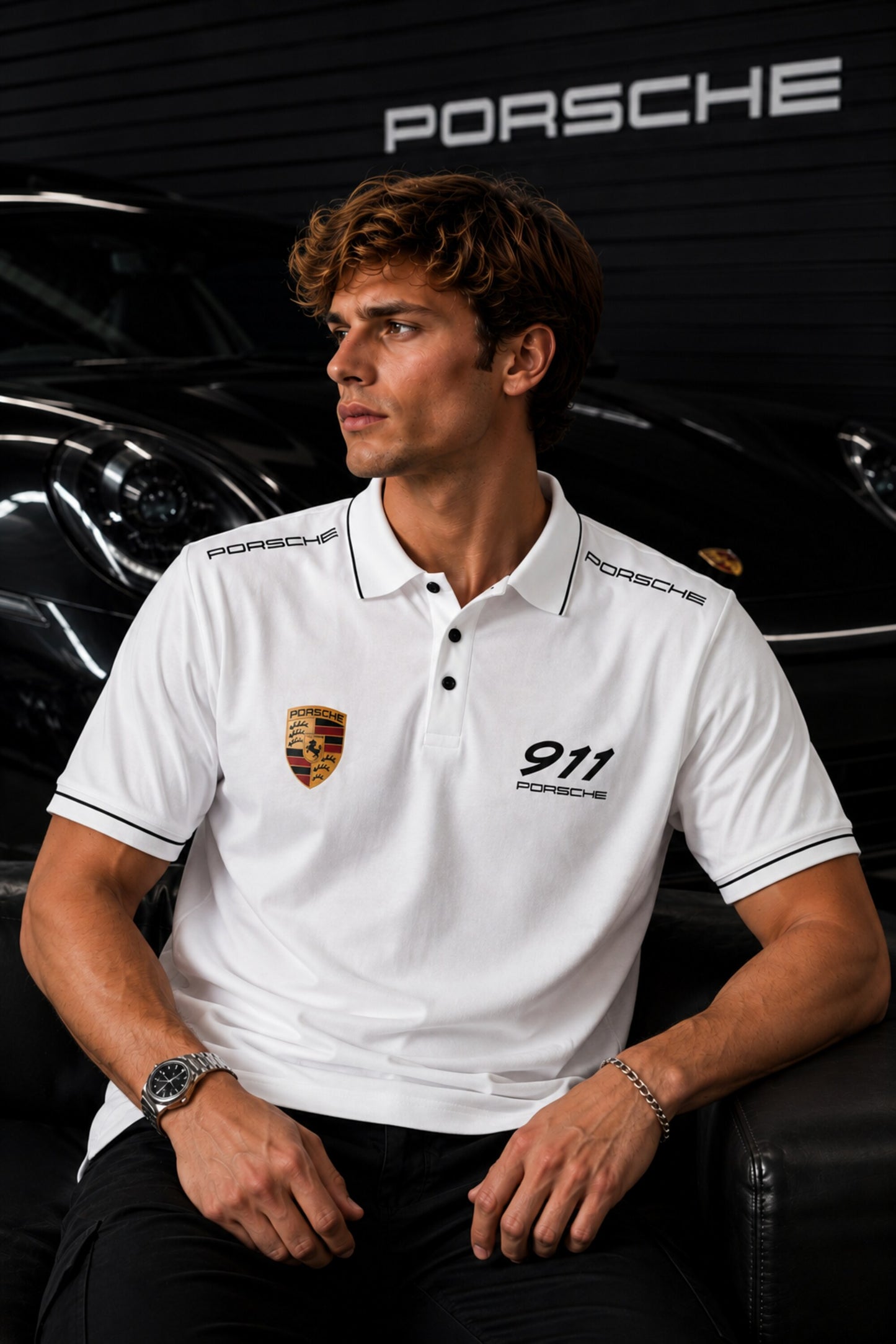 Black Porsche 911 polo t-shirt with Porsche crest badge, 911 text and PORSCHE shoulder panel branding, motorsport India - white