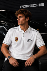 Black Porsche 911 polo t-shirt with Porsche crest badge, 911 text and PORSCHE shoulder panel branding, motorsport India - white
