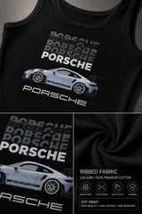 Black ribbed tank top with bold repeat Porsche text print 220 GSM 100% premium cotton DTF print luxury motorsport streetwear