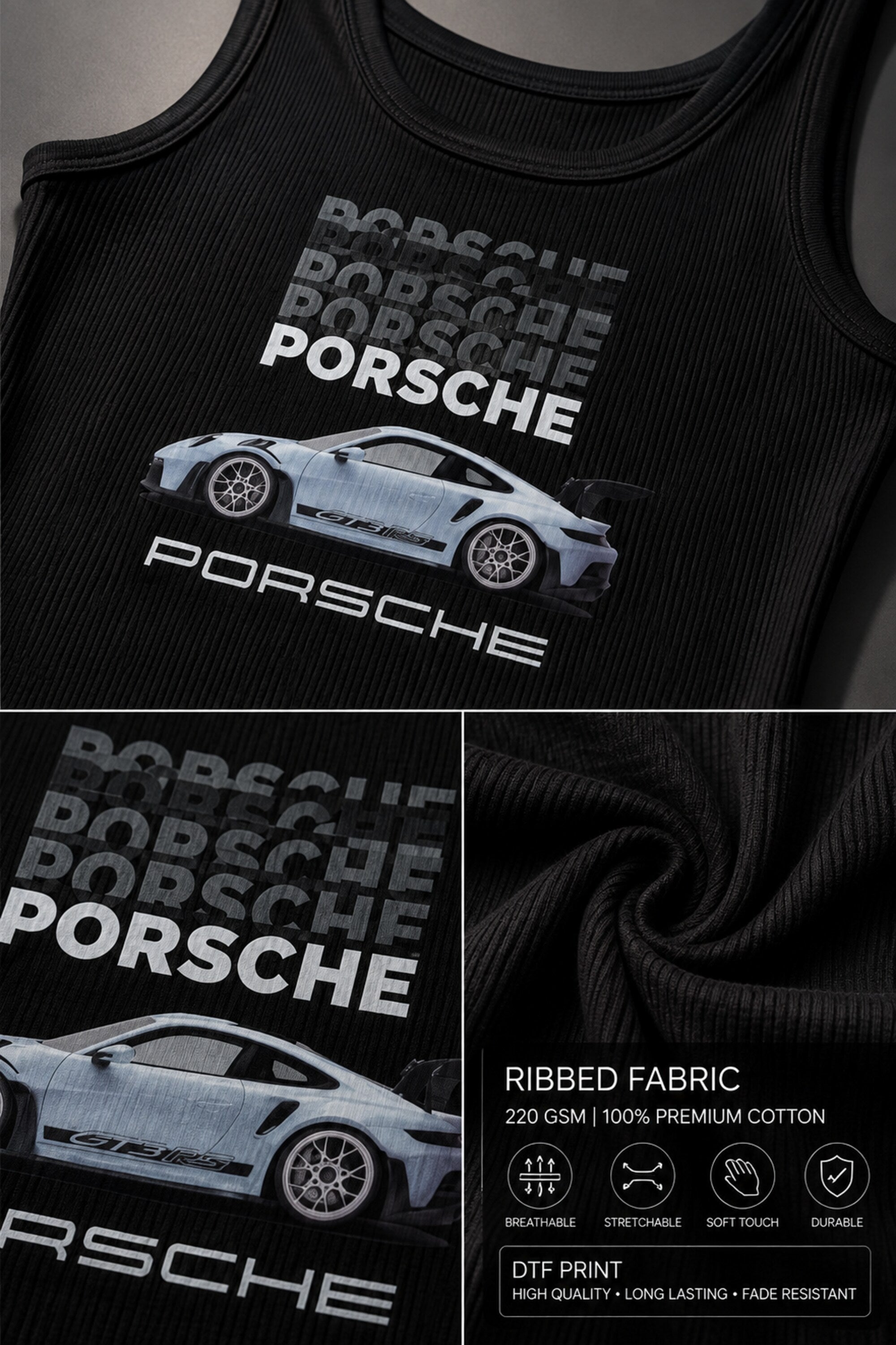 Black ribbed tank top with bold repeat Porsche text print 220 GSM 100% premium cotton DTF print luxury motorsport streetwear
