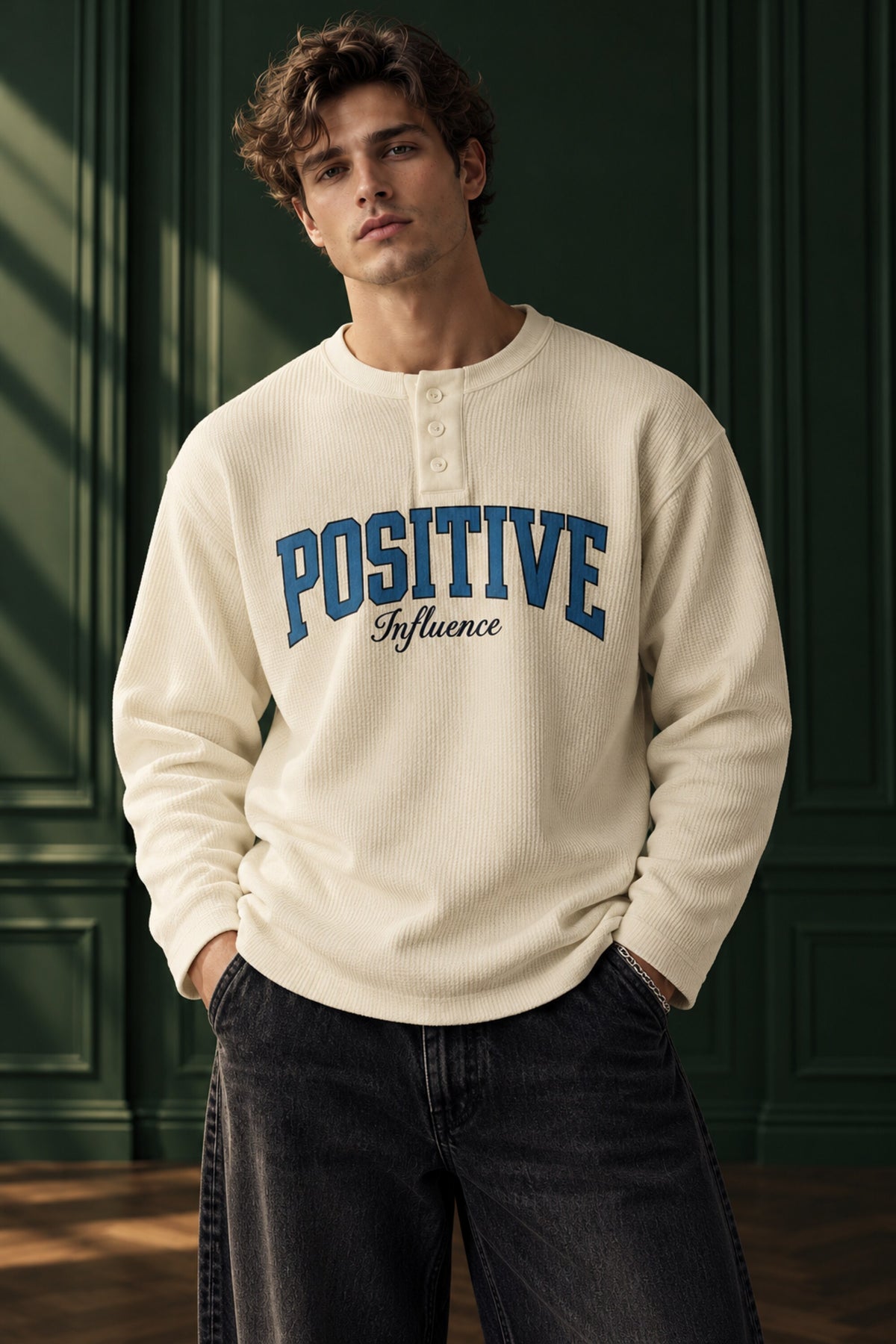Cream waffle full sleeve boxy tshirt with POSITIVE blue varsity arch and Influence cursive print, henley collar, men India - white