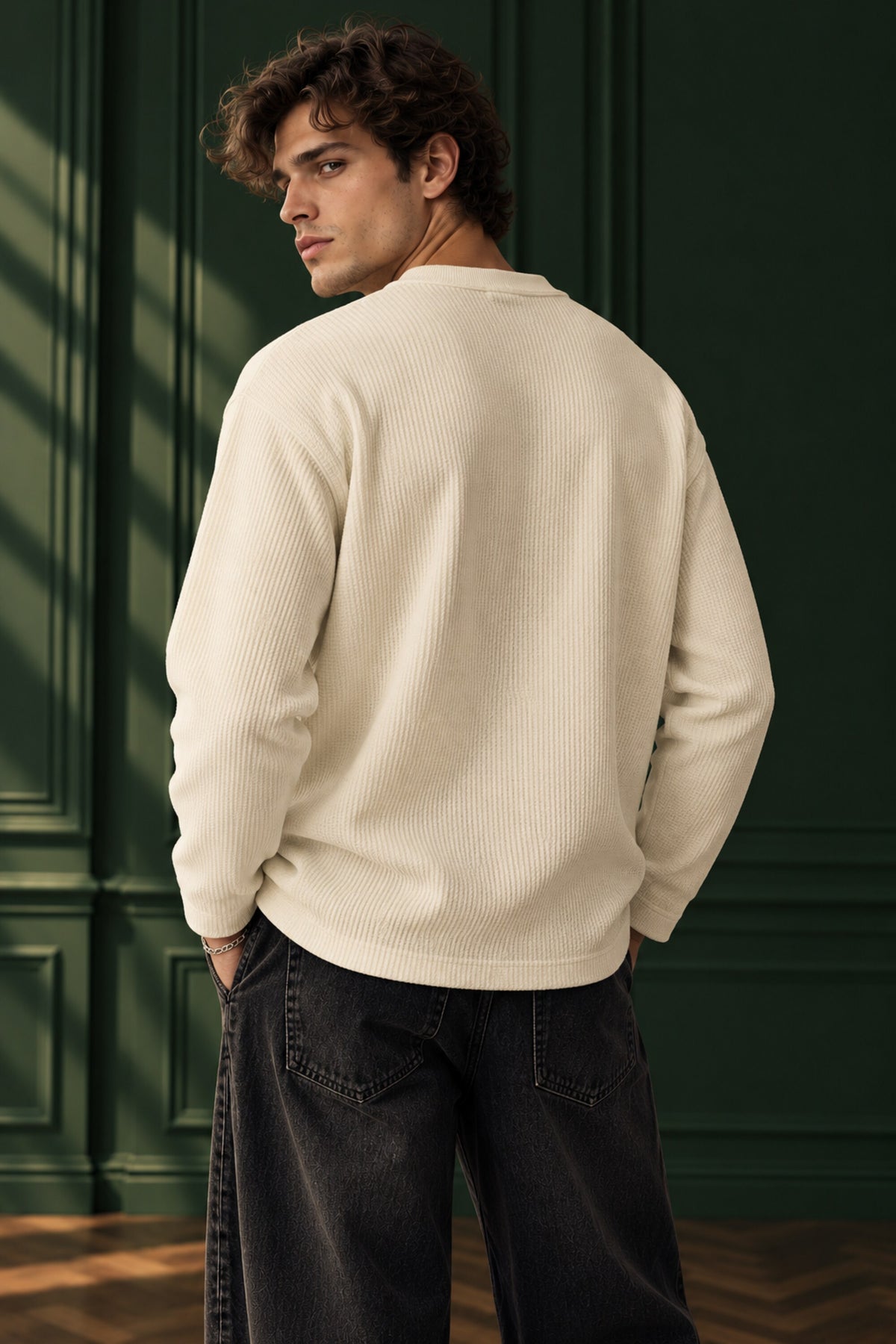 Cream waffle full sleeve boxy tshirt with POSITIVE blue varsity arch and Influence cursive print, henley collar, men India