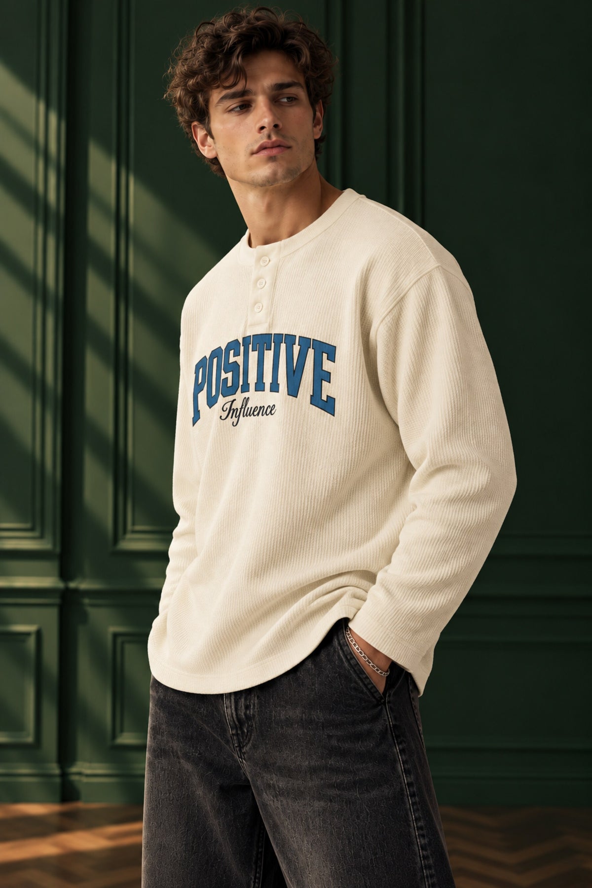 Cream waffle full sleeve boxy tshirt with POSITIVE blue varsity arch and Influence cursive print, henley collar, men India