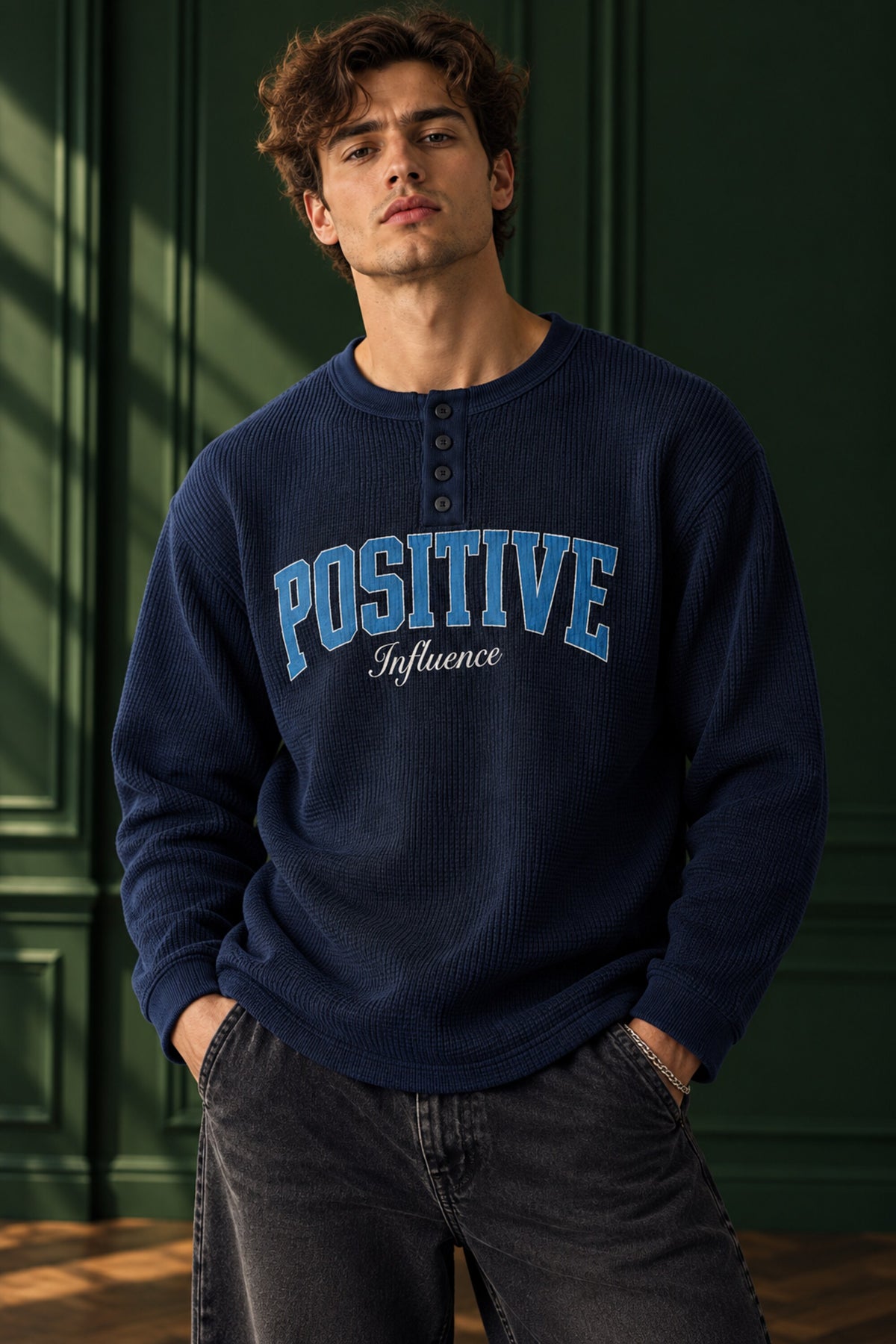 Cream waffle full sleeve boxy tshirt with POSITIVE blue varsity arch and Influence cursive print, henley collar, men India - blue