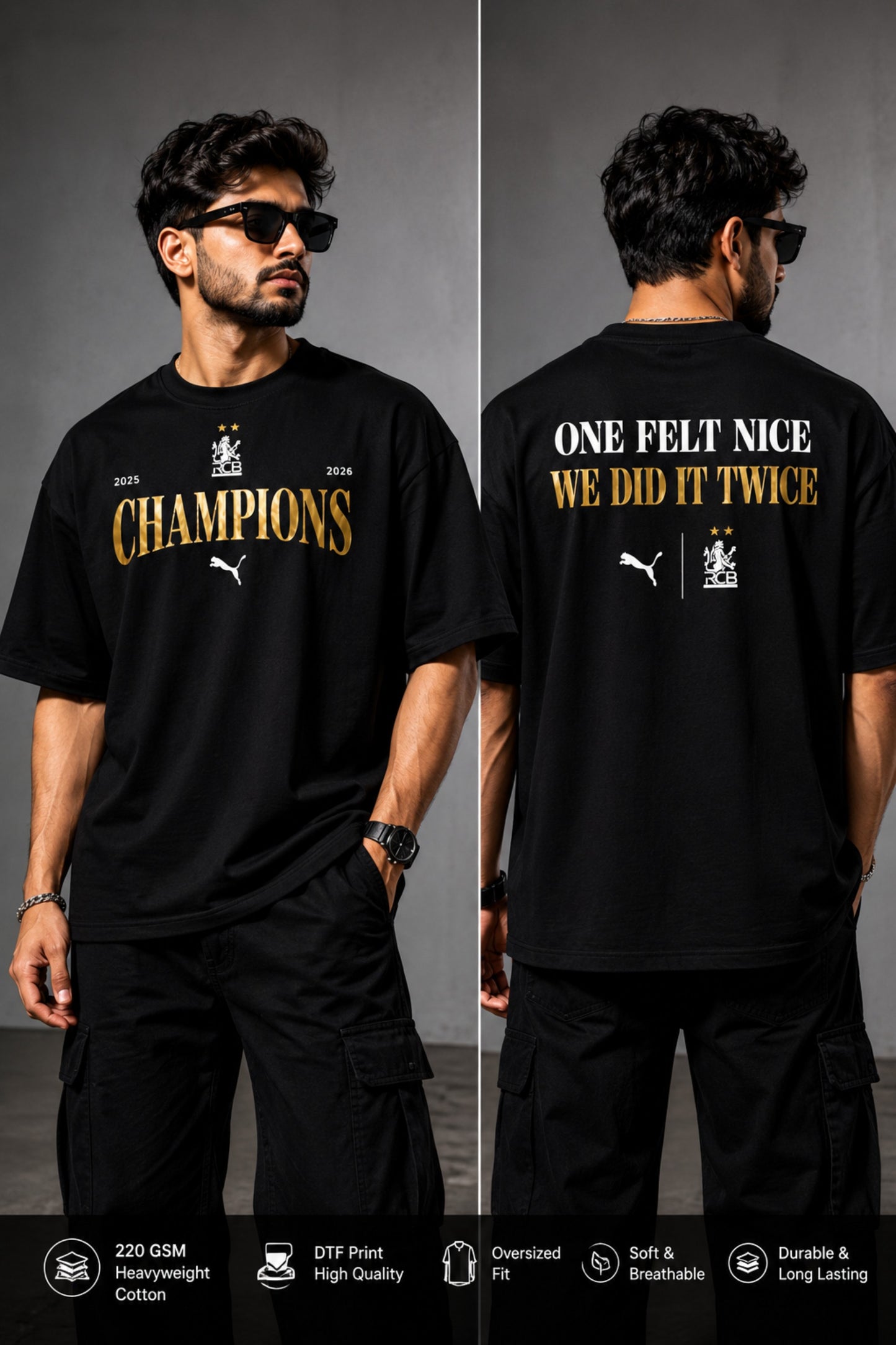 RCB 2026 Champions text print close-up – defending champions oversized tshirt India – PopCase