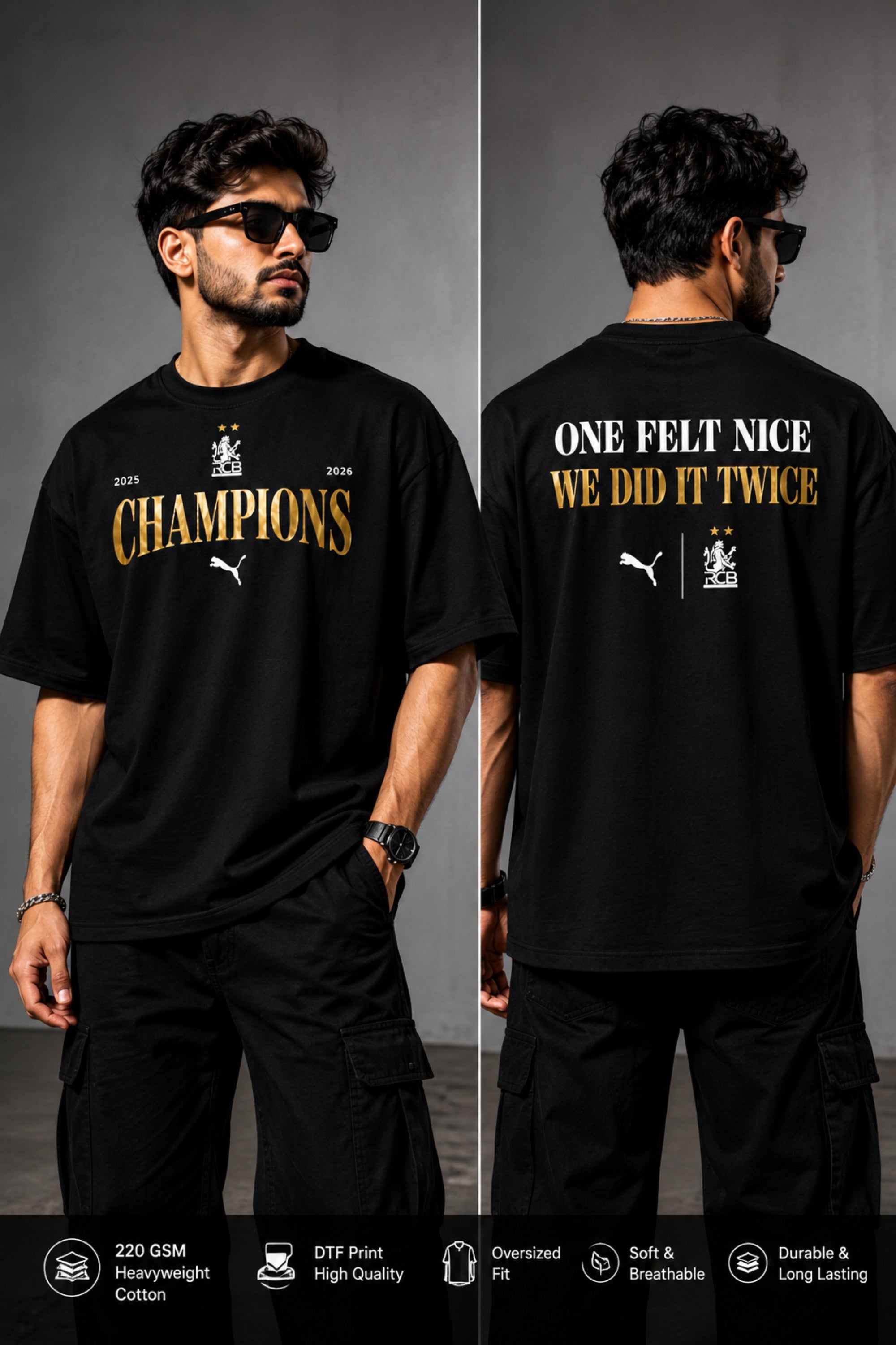 RCB 2026 Champions text print close-up – defending champions oversized tshirt India – PopCase