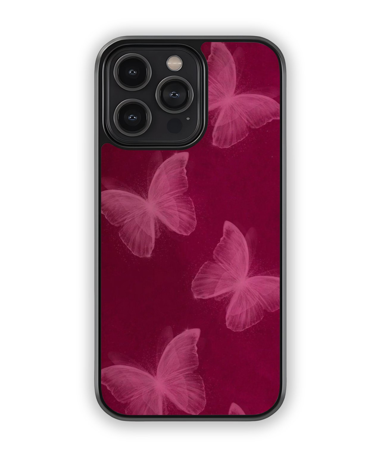 Phone case with pink butterfly design on a dark red background
