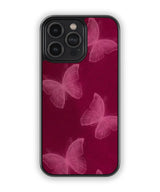 Phone case with pink butterfly design on a dark red background