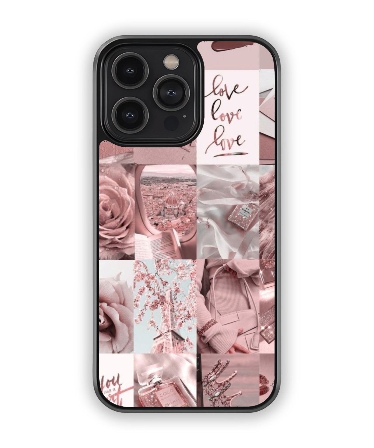 Phone case with pink floral and romantic design on a white background