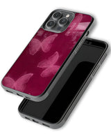 Phone case with butterfly design on a white background pink