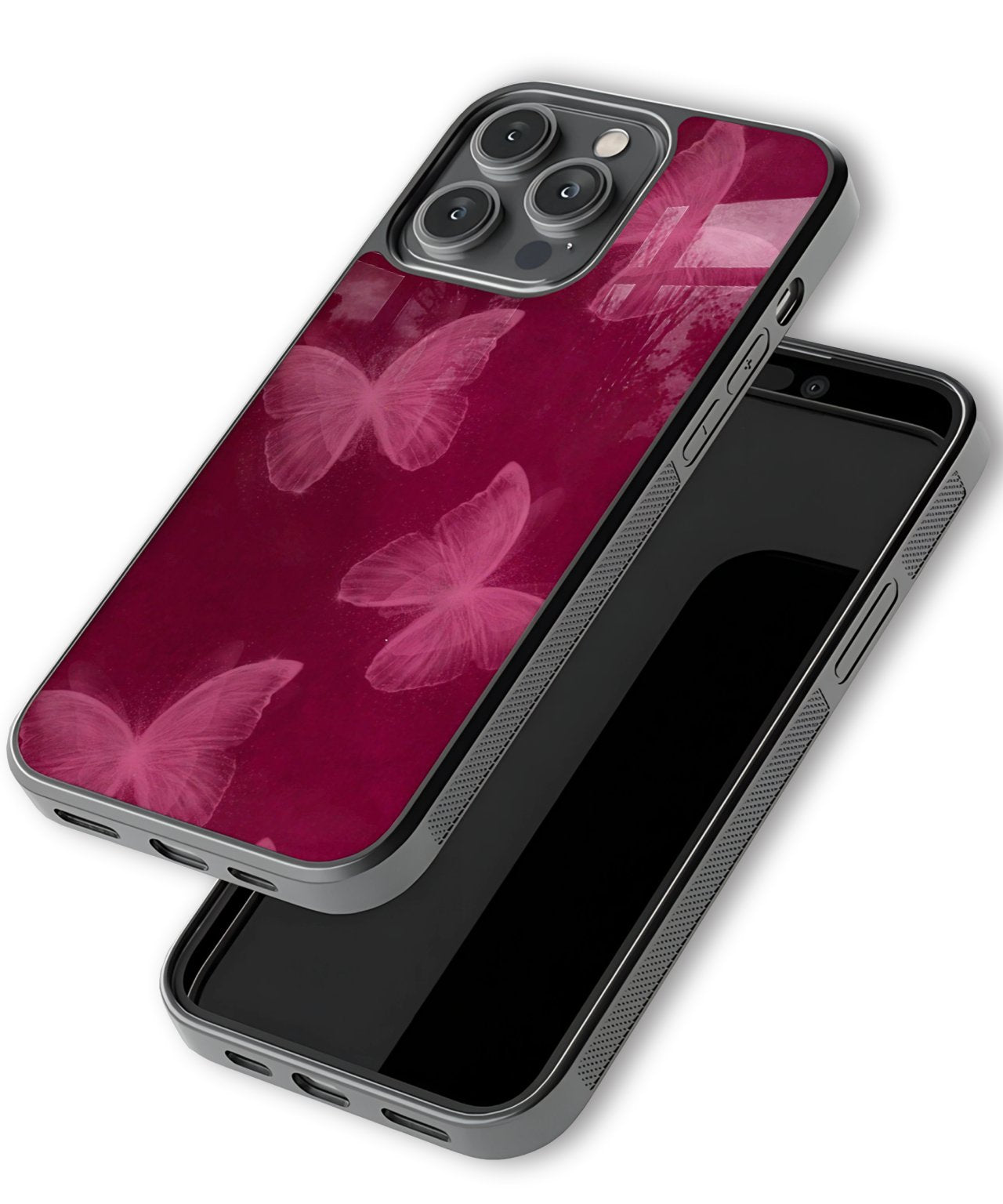 Phone case with butterfly design on a white background pink