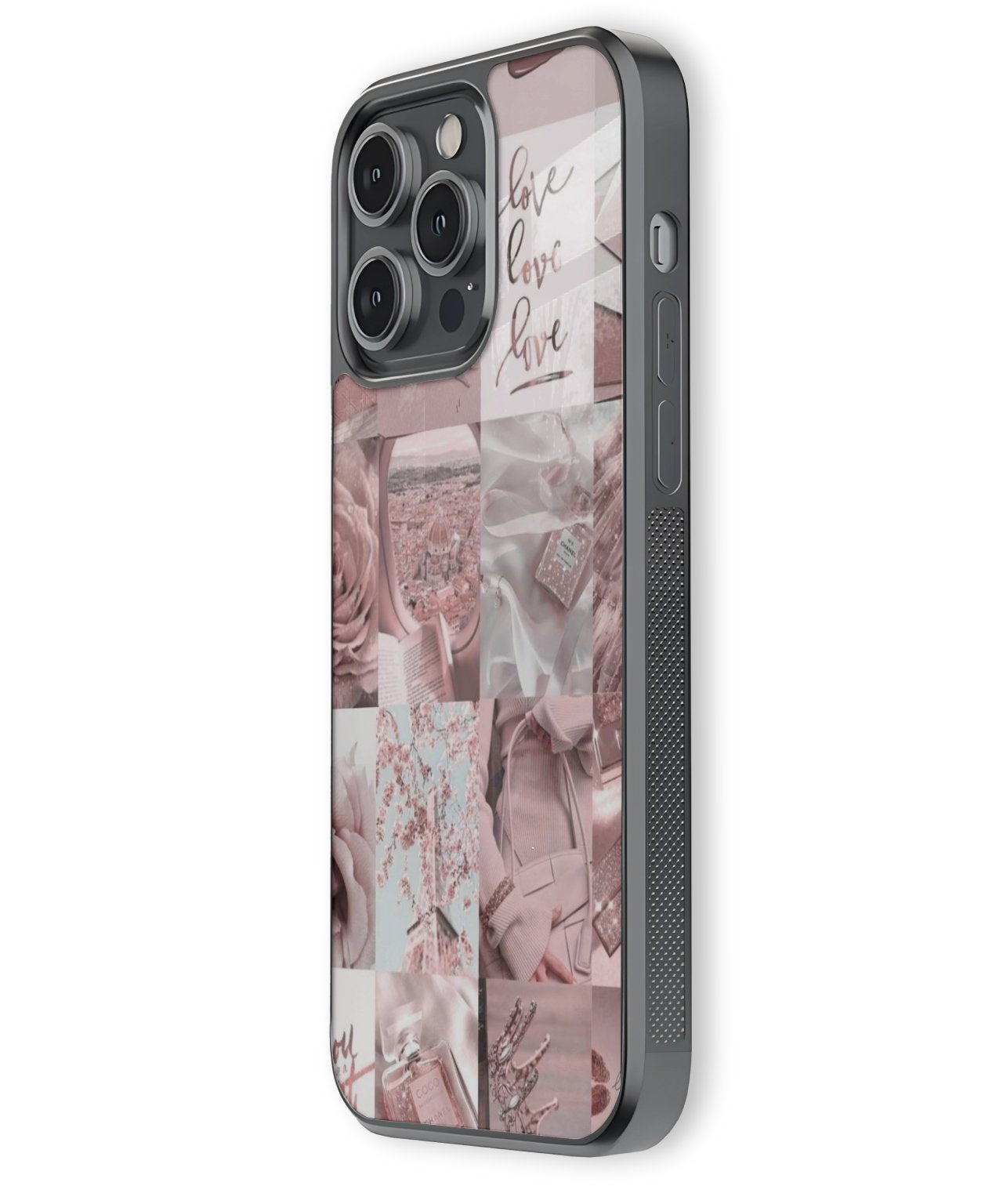 Phone case with floral design and 'love' text on a white background