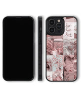 Phone case with floral and text design on a white background