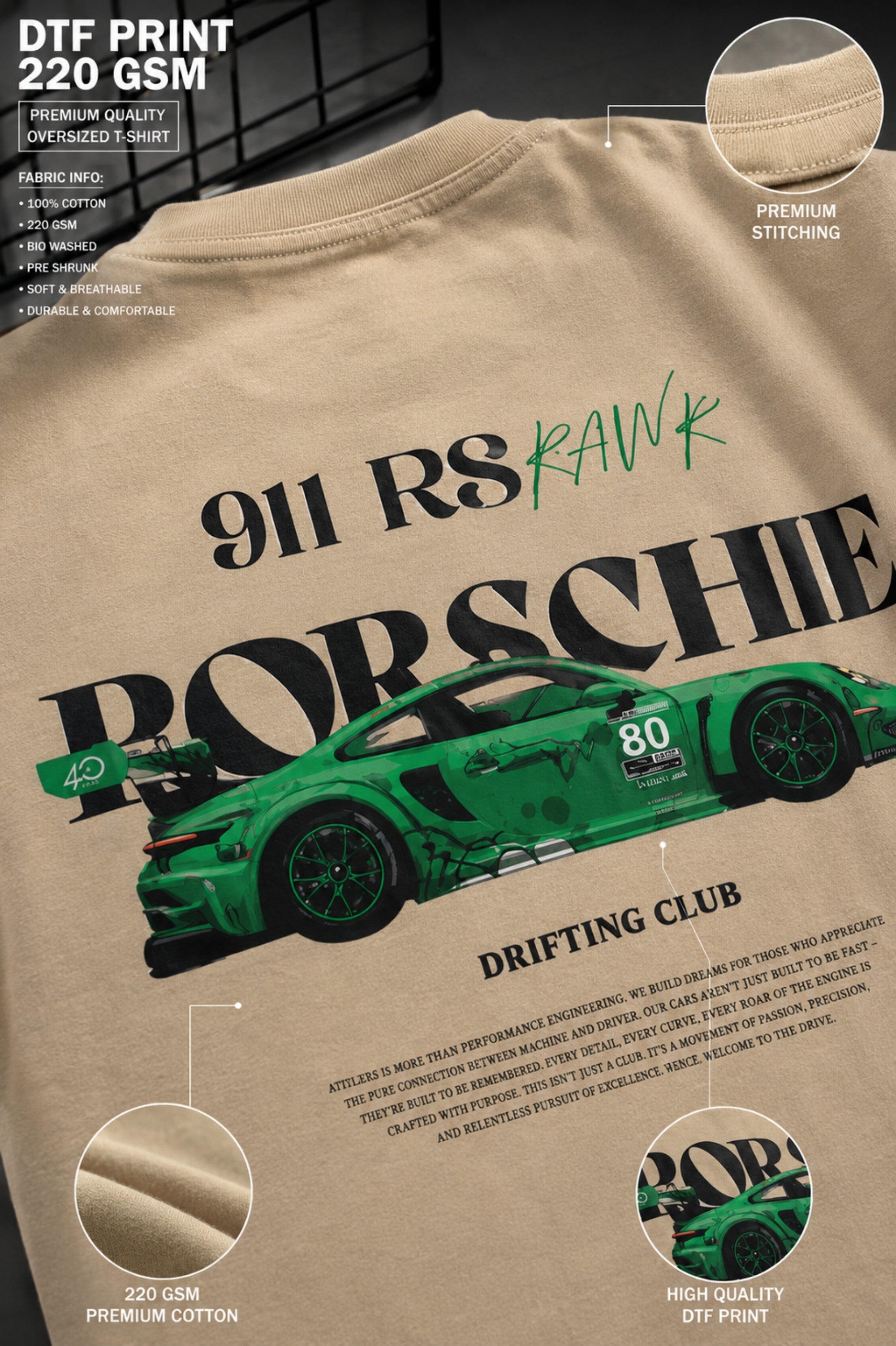 Beige oversized t-shirt featuring a vibrant green Porsche 911 RS RAWK graphic and 'Drifting Club' text. Mockup highlighting premium cotton fabric and stitching details.