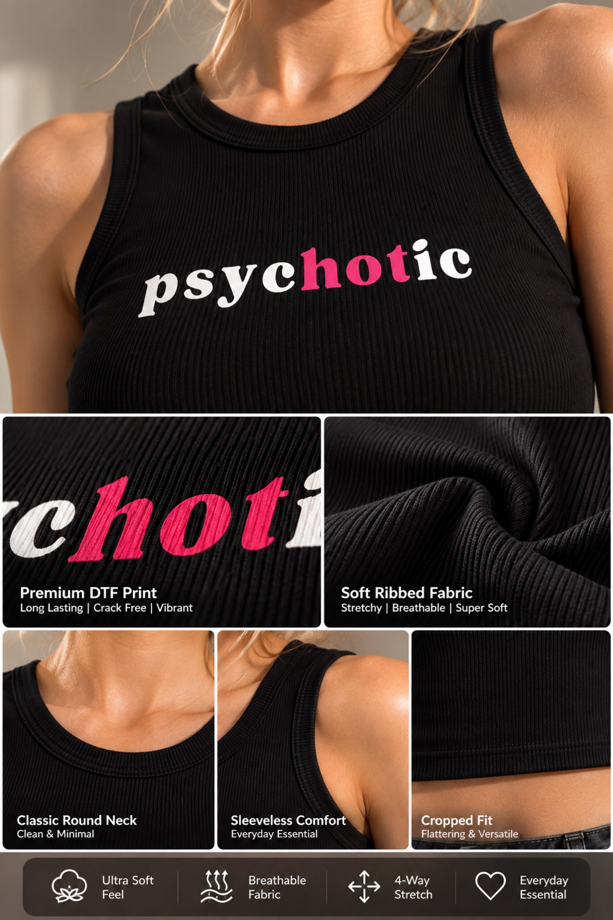 Ribbed crop tank top with Psychotic DTF print available in black and beige colorways