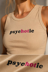 Ribbed crop tank top with Psychotic DTF print available in black and beige colorways - beige