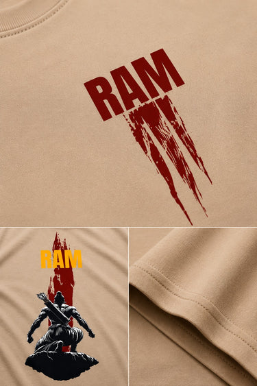 Model wearing a beige RAM oversized t-shirt with a red graphic print on the chest, paired with dark trousers and white sneakers. Showcases streetwear style and premium comfort.