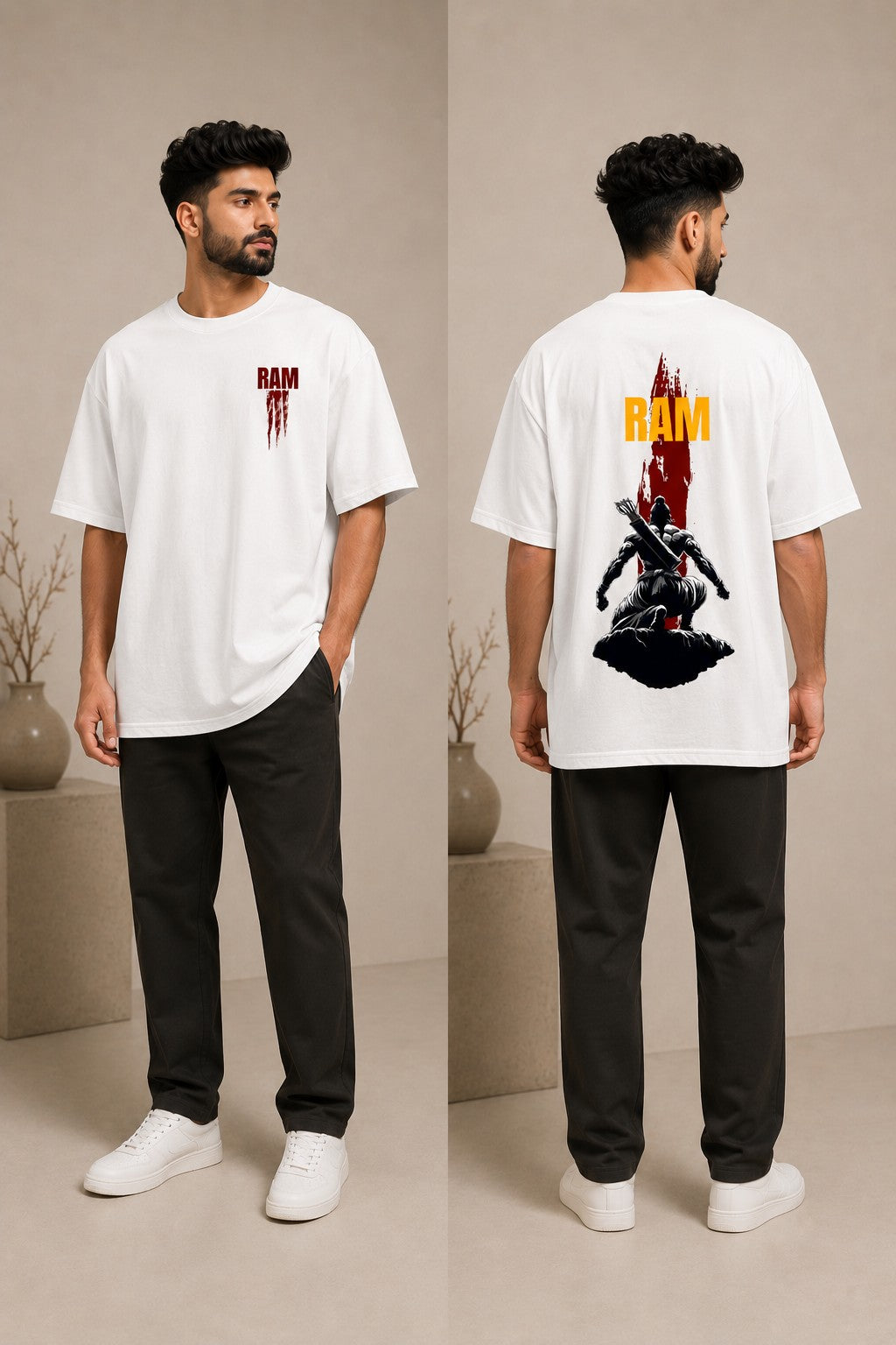 Model wearing a beige RAM oversized t-shirt with a red graphic print on the chest, paired with dark trousers and white sneakers. Showcases streetwear style and premium comfort. - white