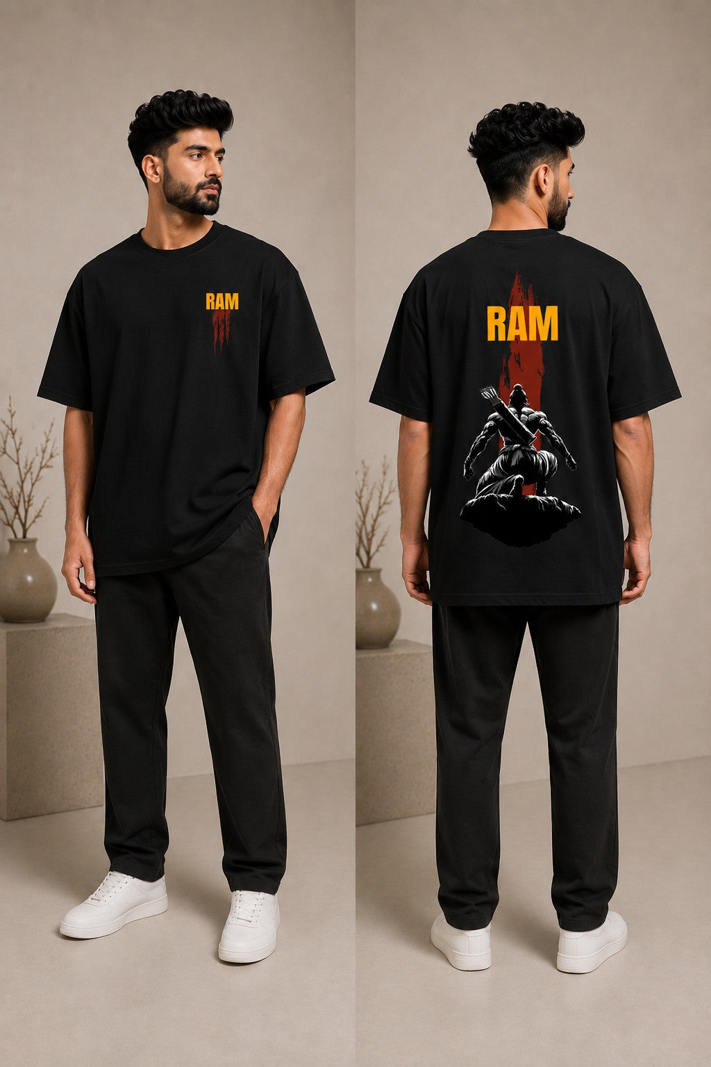 Model wearing a beige RAM oversized t-shirt with a red graphic print on the chest, paired with dark trousers and white sneakers. Showcases streetwear style and premium comfort. - black