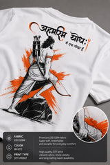 Man wearing a white RAM YODHA oversized t-shirt with 'Ram' graphic on front and Ram Yoddha artwork on back, seated on wooden steps.