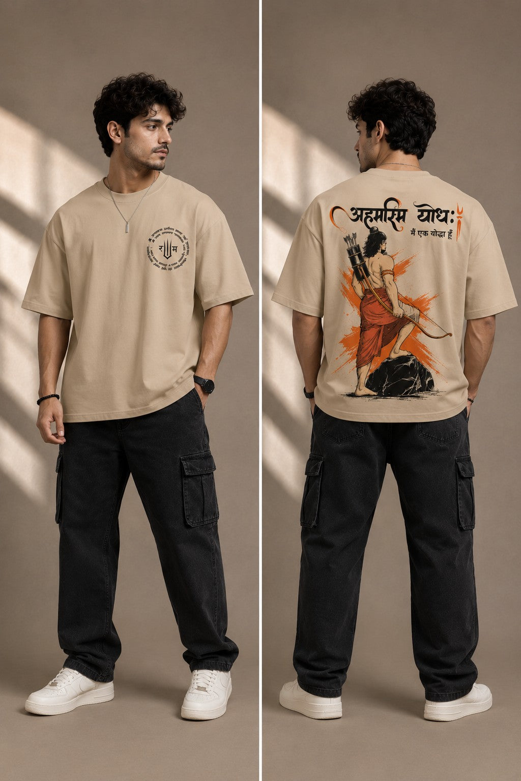 Man wearing a white RAM YODHA oversized t-shirt with 'Ram' graphic on front and Ram Yoddha artwork on back, seated on wooden steps. - beige