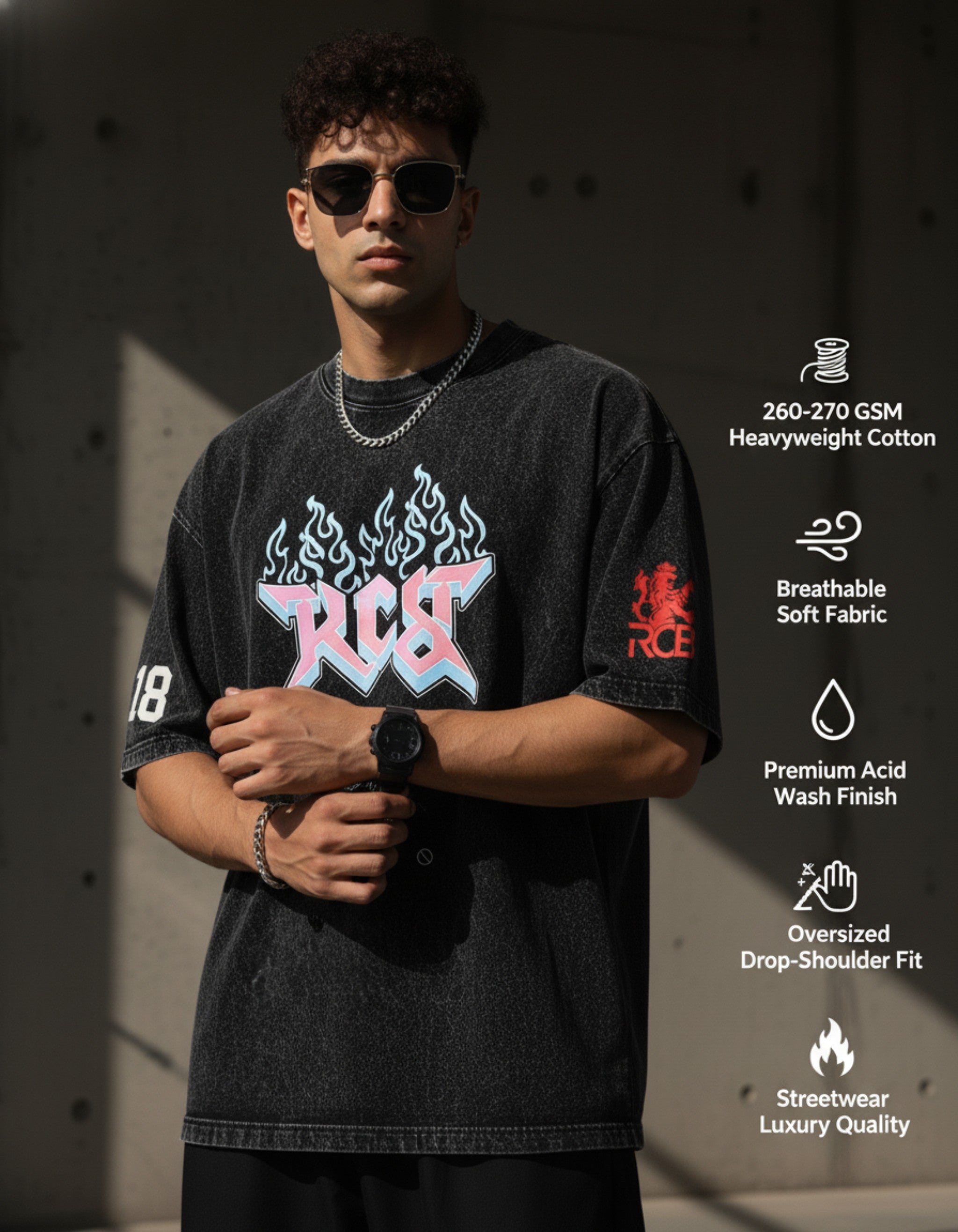 Model wearing Virat Kohli RCB podcast oversized vintage tshirt – Royal Challengers Bengaluru fan look India 2026