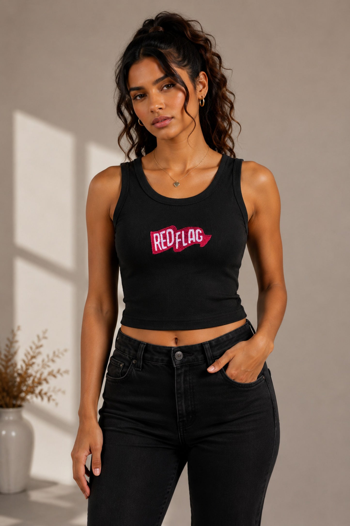 Black ribbed fitted crop tank top Red Flag pink pennant banner arrow graphic Y2K aesthetic Gen Z women POPCASE