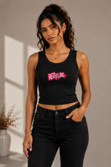 Black ribbed fitted crop tank top Red Flag pink pennant banner arrow graphic Y2K aesthetic Gen Z women POPCASE