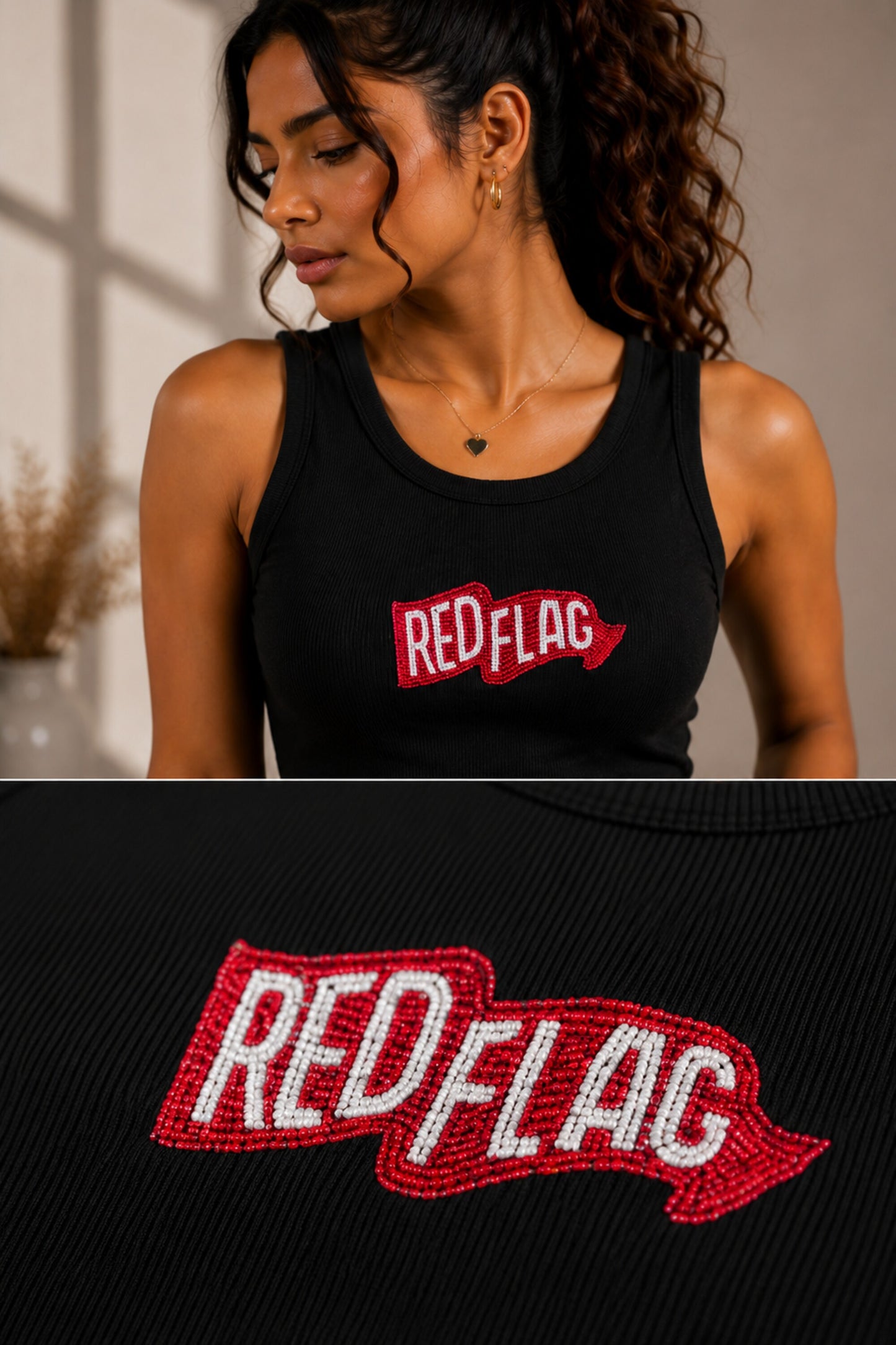 Black ribbed fitted crop tank top Red Flag pink pennant banner arrow graphic Y2K aesthetic Gen Z women POPCASE