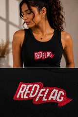 Black ribbed fitted crop tank top Red Flag pink pennant banner arrow graphic Y2K aesthetic Gen Z women POPCASE