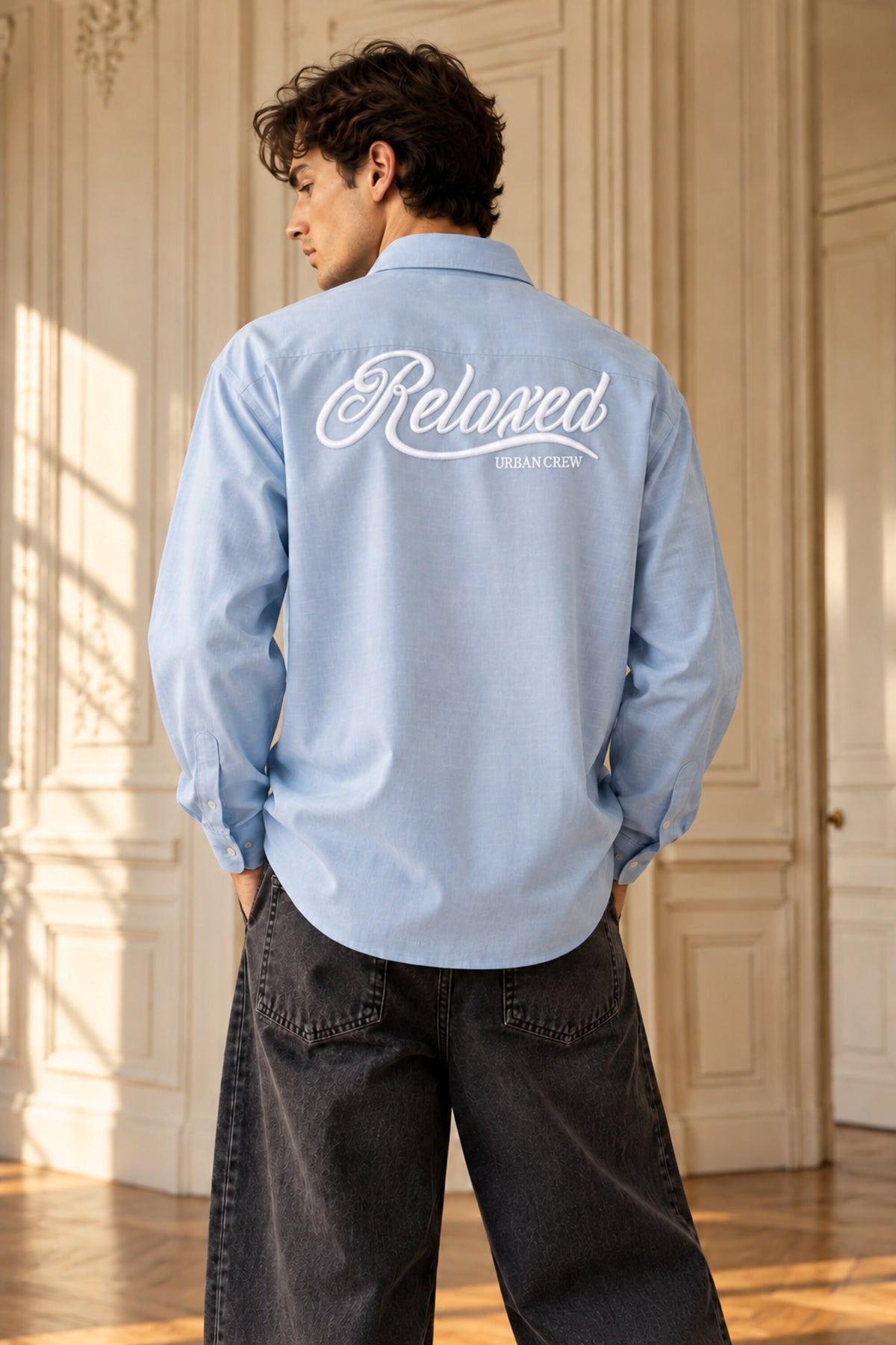 Sky blue full sleeve shirt with Relaxed white cursive print on back and Relaxed logo cuff, 100% cotton relaxed fit, men India