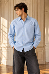 Sky blue full sleeve shirt with Relaxed white cursive print on back and Relaxed logo cuff, 100% cotton relaxed fit, men India
