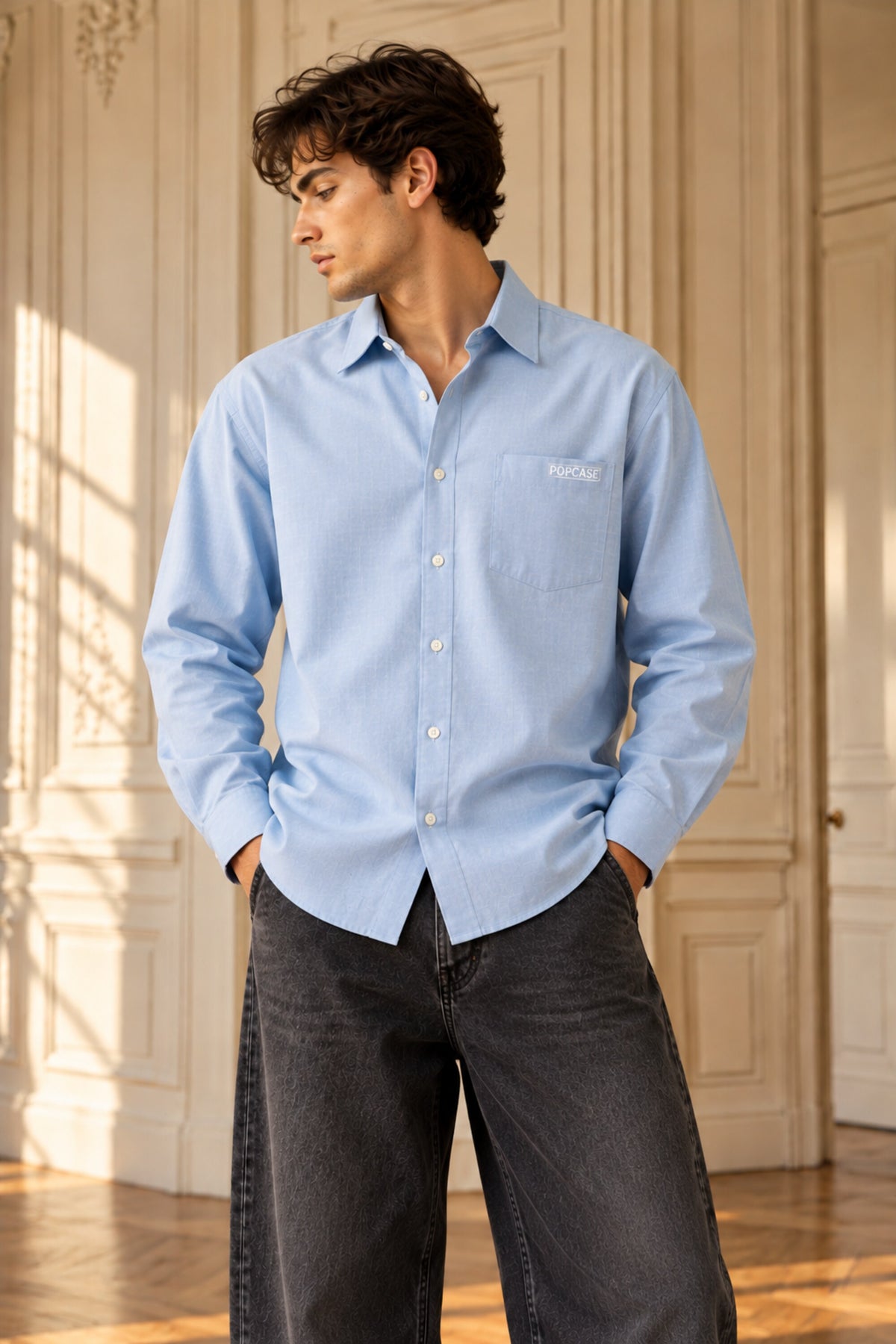 Sky blue full sleeve shirt with Relaxed white cursive print on back and Relaxed logo cuff, 100% cotton relaxed fit, men India