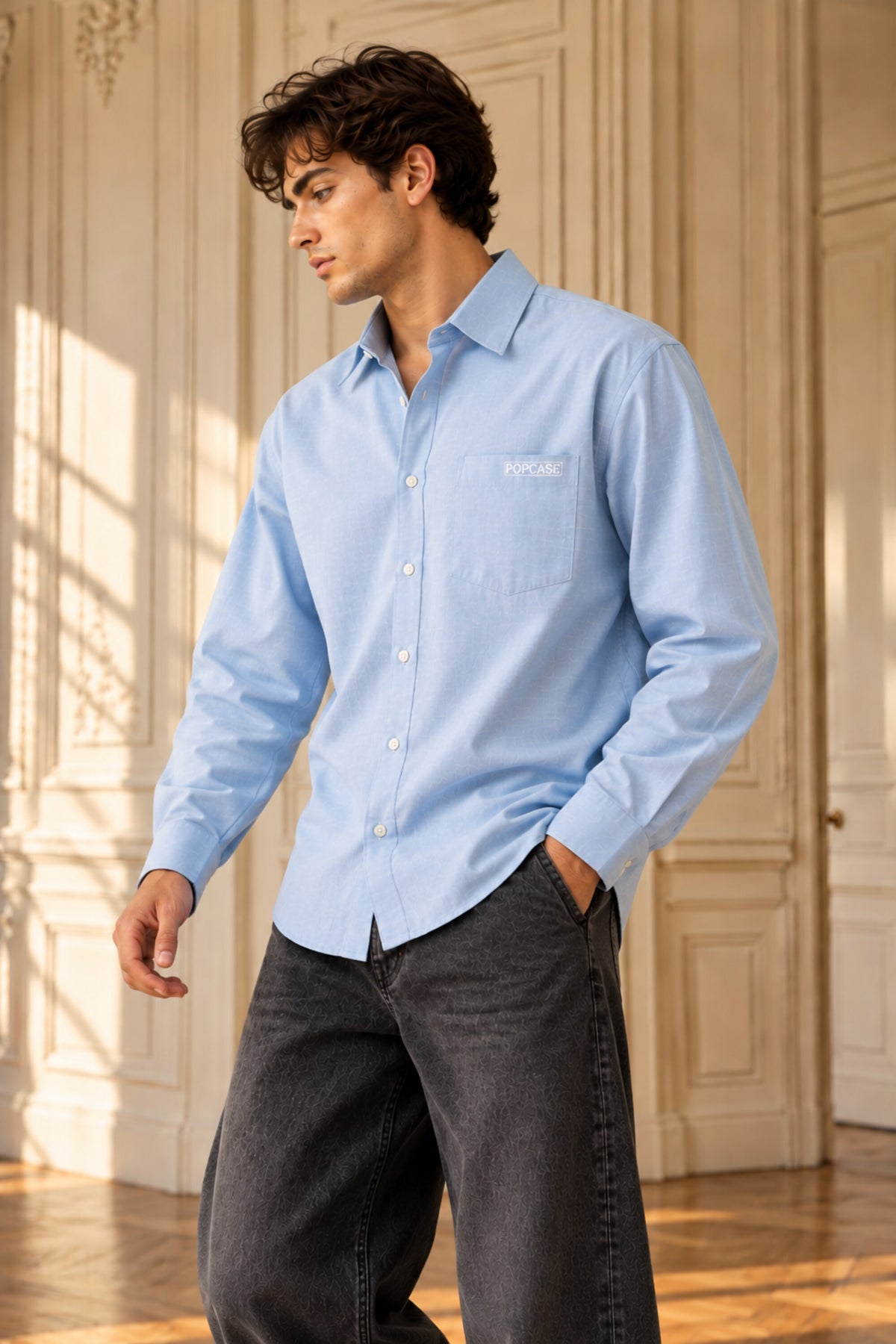 Sky blue full sleeve shirt with Relaxed white cursive print on back and Relaxed logo cuff, 100% cotton relaxed fit, men India