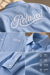 Sky blue full sleeve shirt with Relaxed white cursive print on back and Relaxed logo cuff, 100% cotton relaxed fit, men India